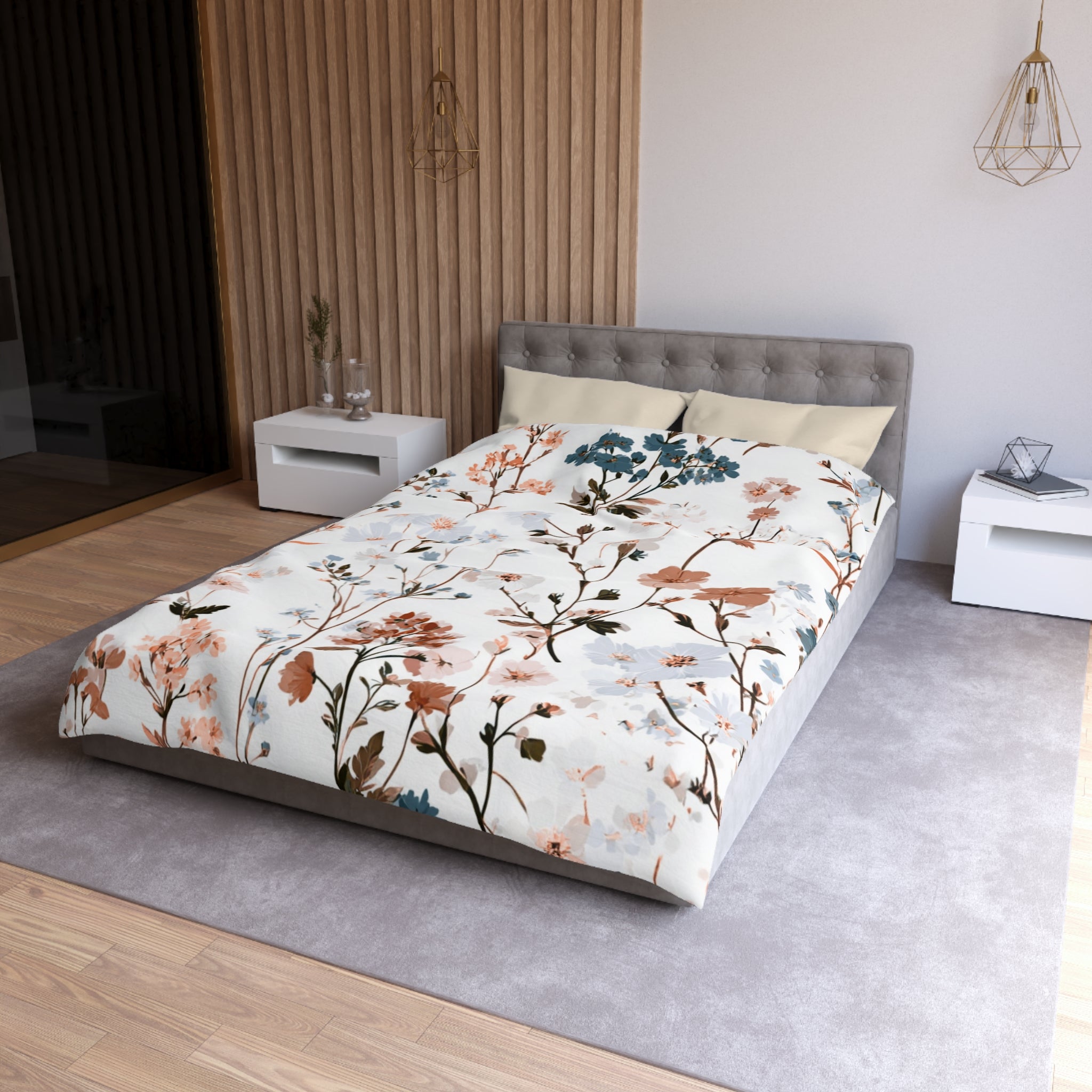 Floral Modern Duvet, Pillow Cover | White Beige Bedroom Decor