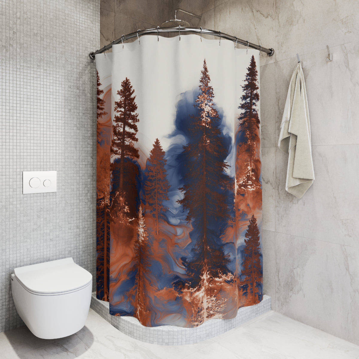 Navy Terracotta Ink Forest Shower Curtain, Bath Curtain 71x74