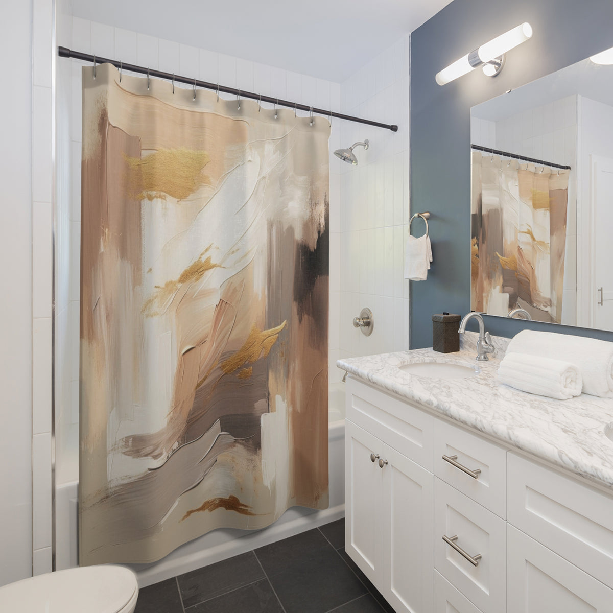 a modern bathroom with a white vanity, a shower curtain featuring an abstract design, and a mirror above the vanity.