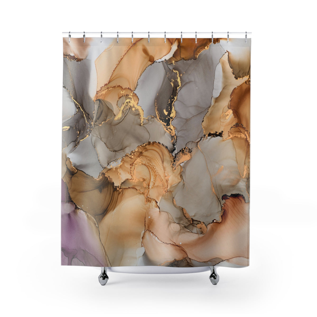 a shower curtain with a marble-like abstract pattern in shades of brown, gray, and beige.