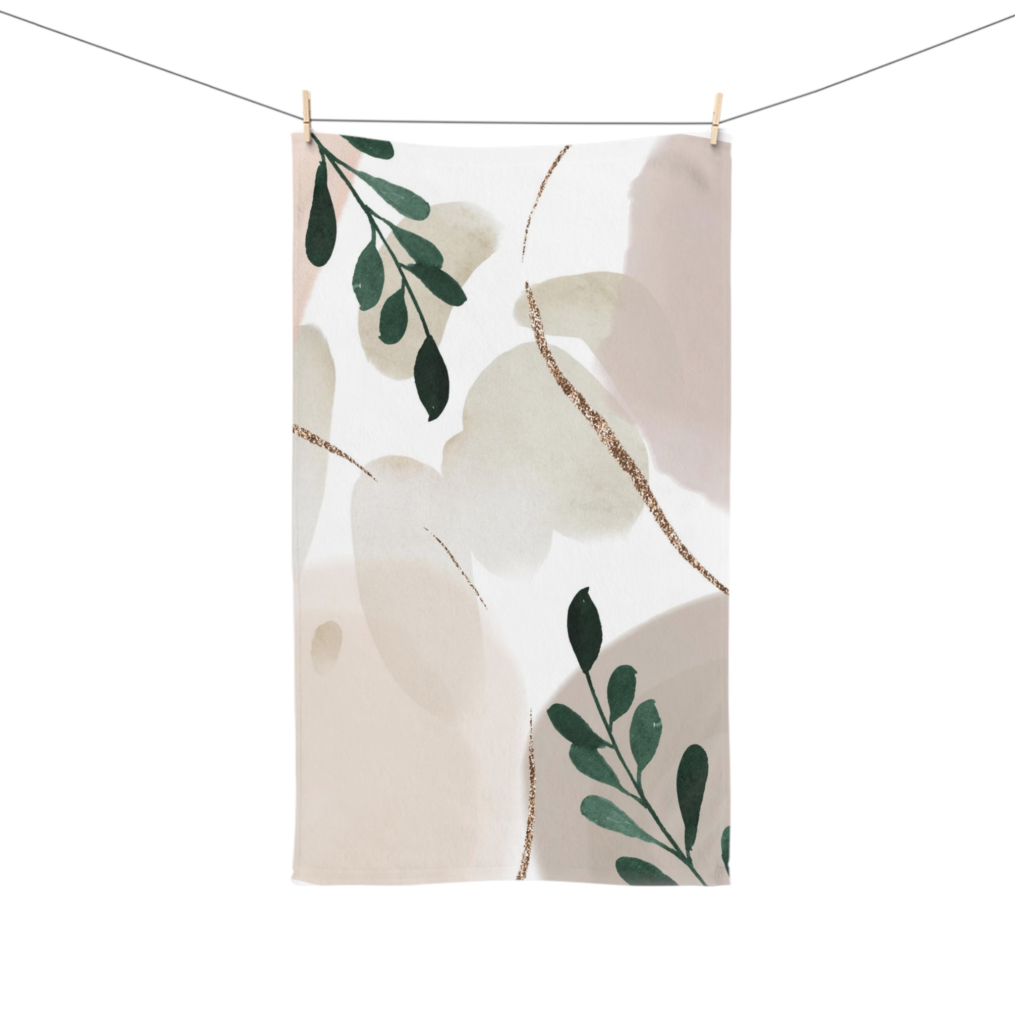 Abstract Kitchen, Bath Hand Towel | Blush Beige, Green Leaves