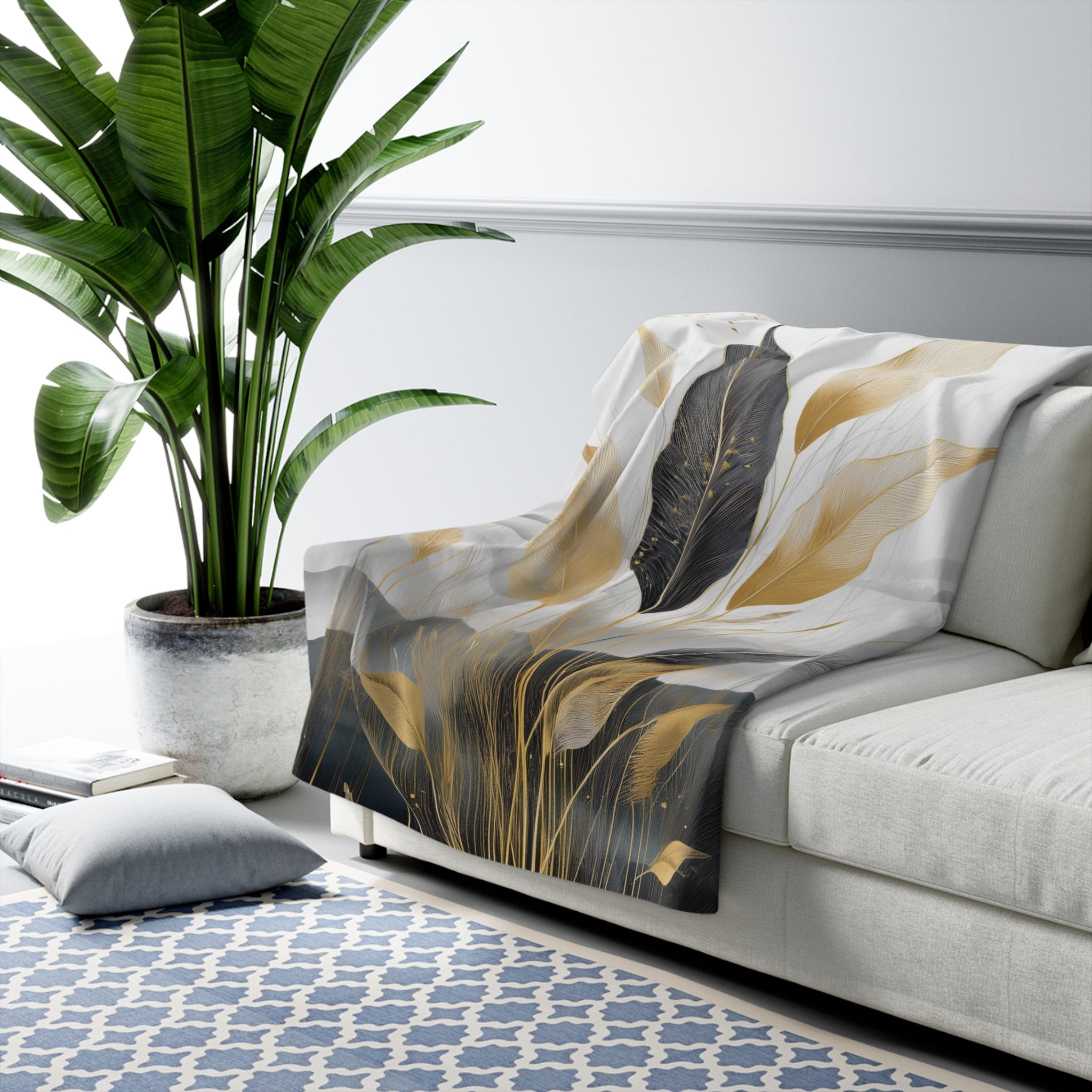 Floral Throw Blanket | Black Grey Beige Ombre Leaves
