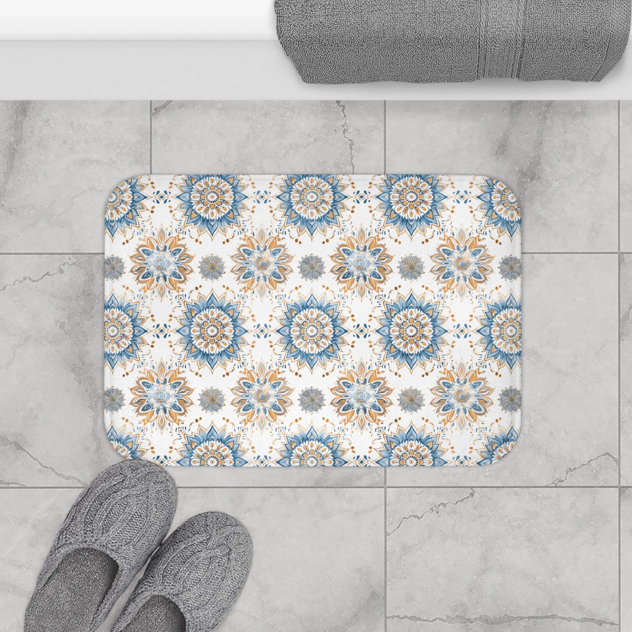 Boho Mandala Bath Mat | Yoga Zen Blue Beige Kitchen Mat