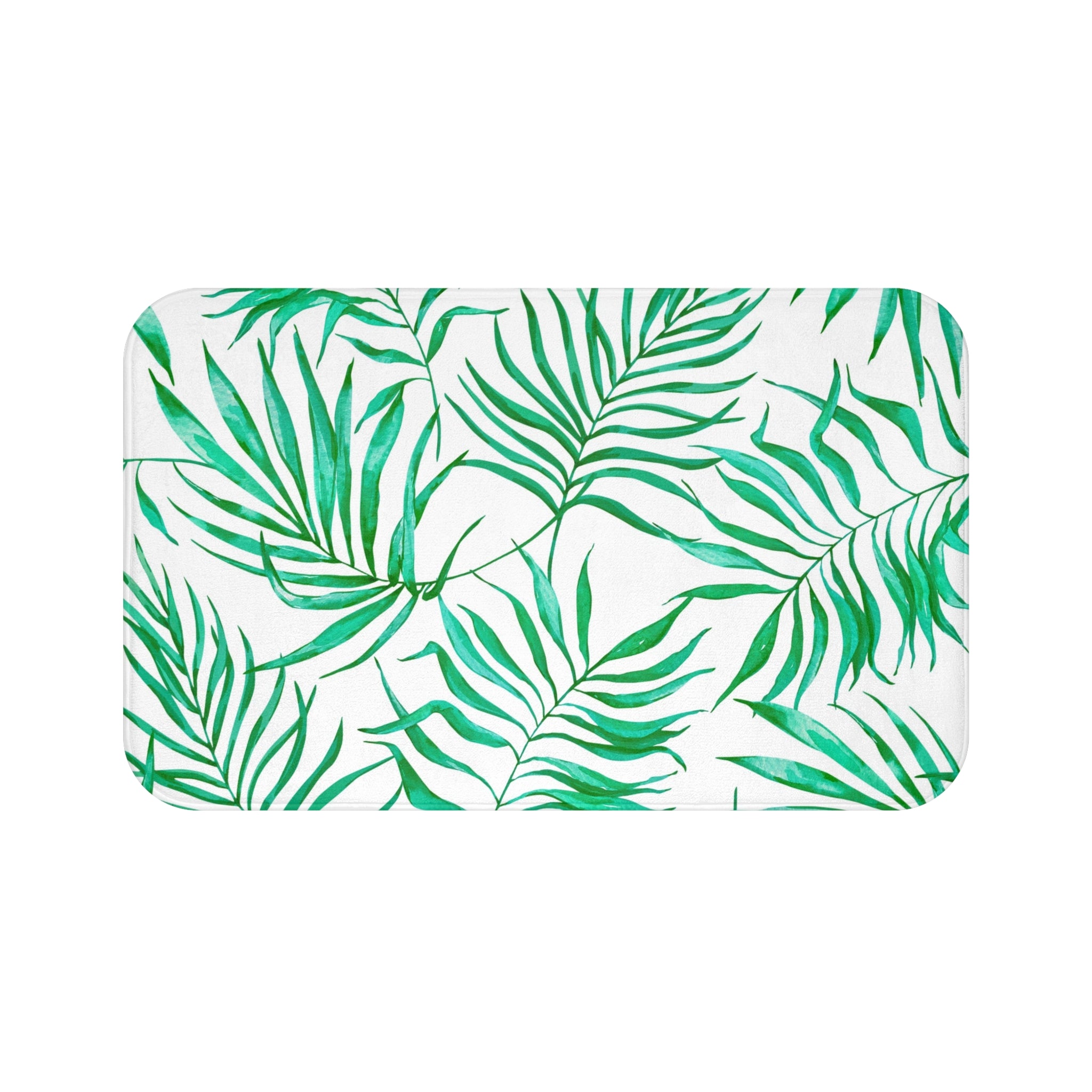 Floral Bath, Kitchen Mat | Tropical Green Palm Leaves, White