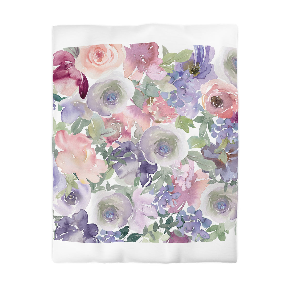 The image is a vibrant and colorful floral print featuring a variety of flowers in shades of pink, purple, and white.