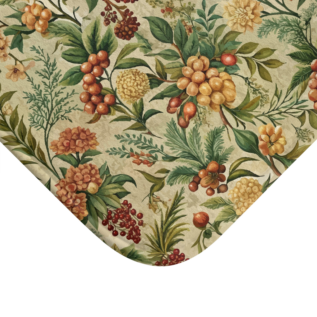 a vibrant and detailed floral pattern with various fruits and leaves, including oranges, berries, and leaves in shades of green, yellow, and orange.