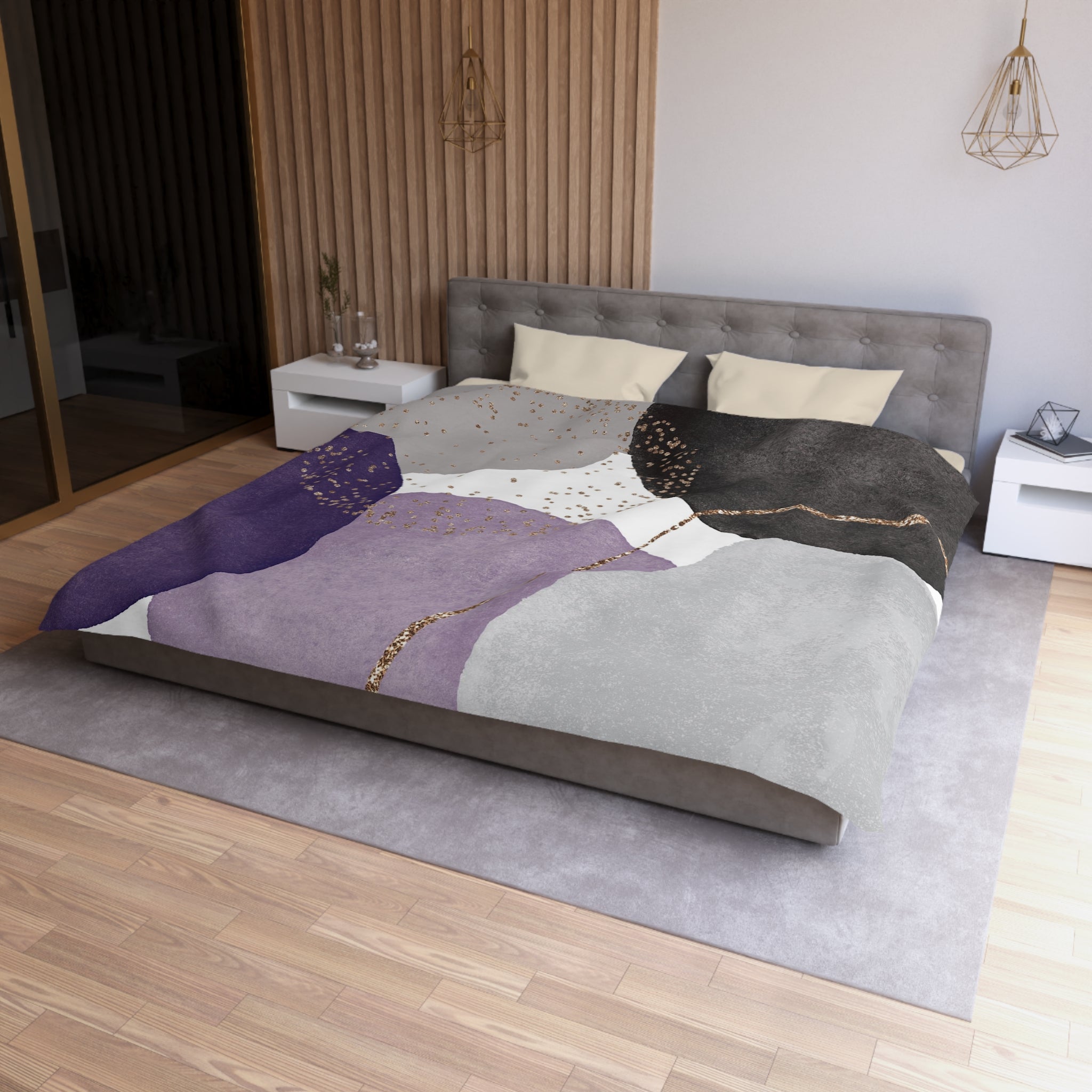 Boho Duvet Cover | Modern Black Lavender Purple, Grey Bathroom | Bedroom Decor