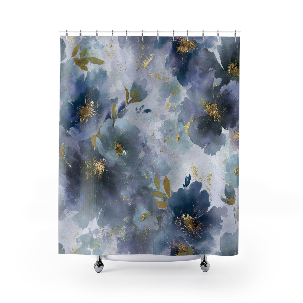 a shower curtain with a floral pattern in shades of blue and gold.