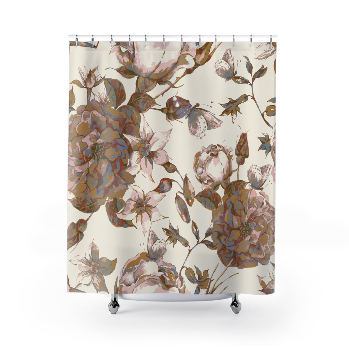 a shower curtain with a floral pattern of pink and brown flowers and butterflies.