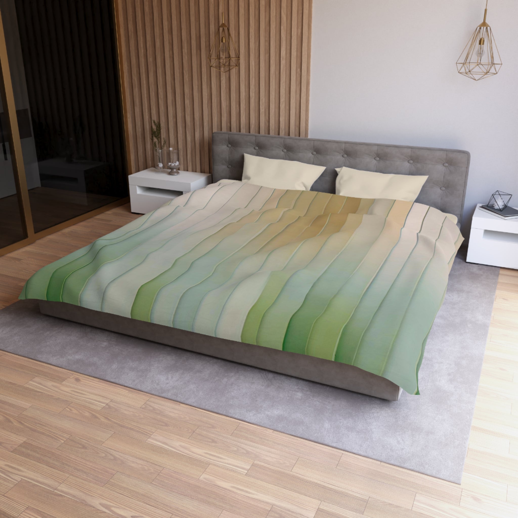 a modern bedroom with a large bed, a gray headboard, and a colorful striped comforter. The room has a wooden floor and white walls, creating a clean and minimalist aesthetic.