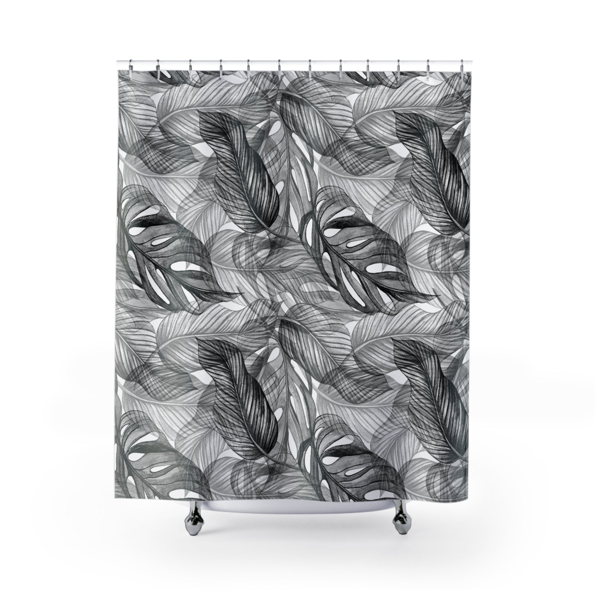 Black and White Tropical Leaf Shower Curtain | Minimalist Palm Botanical Bathroom Decor