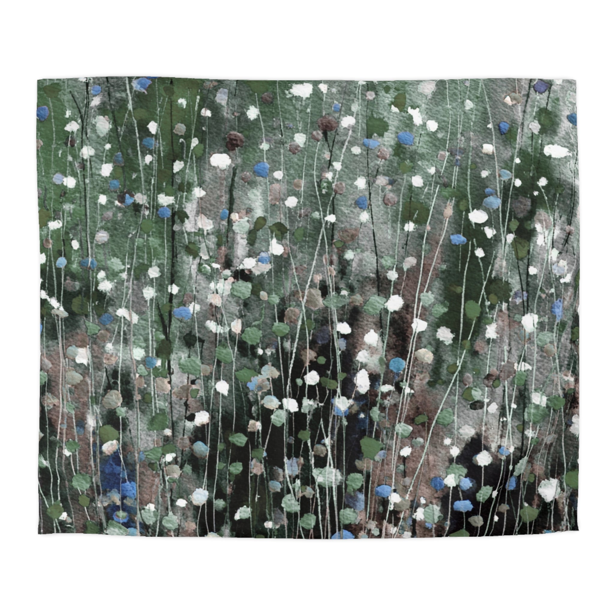 The image is a square painting featuring a field of flowers with various shades of green, white, and brown.