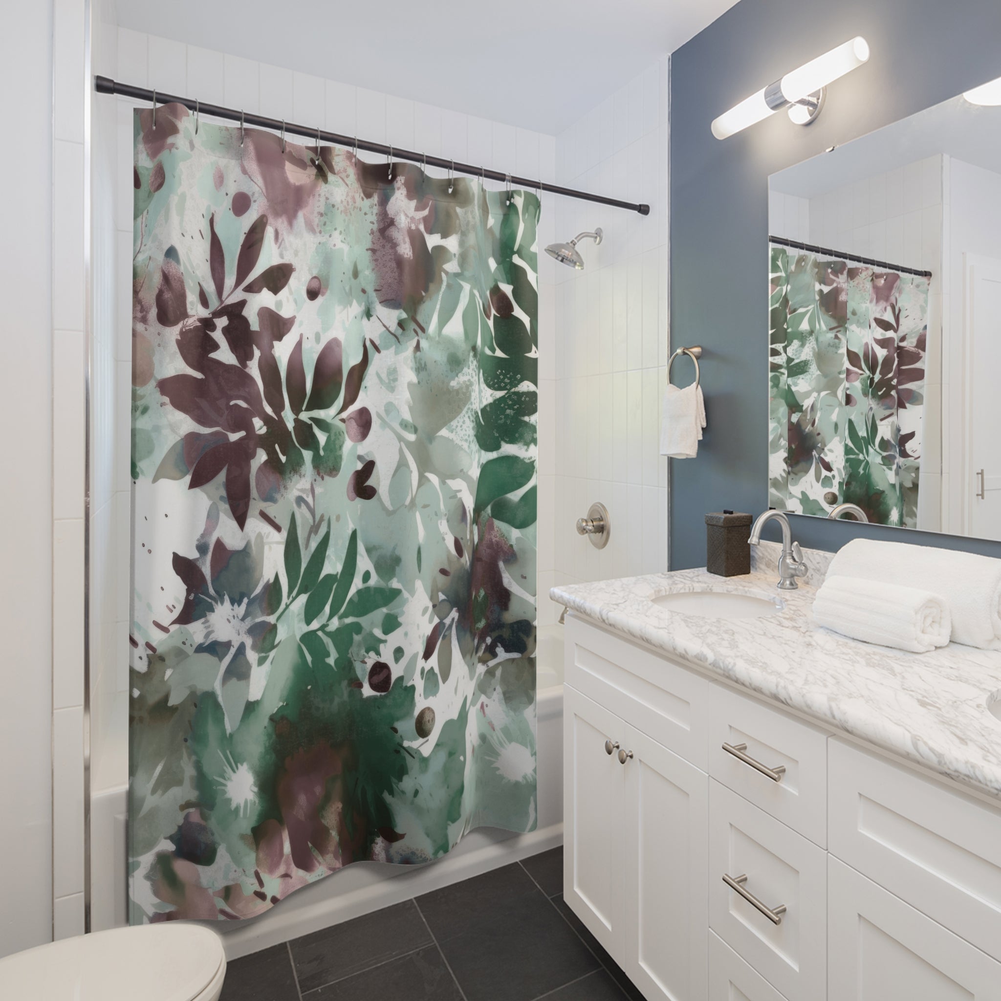 Boho Shower Curtain | Sage Green White Mauve Leaves, Colorful Floral Watercolor