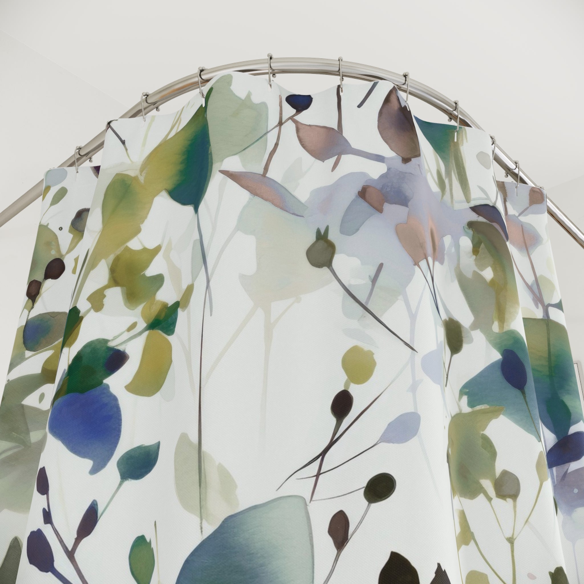 Boho Shower Curtain | Sage Green White, Colorful Floral Watercolor