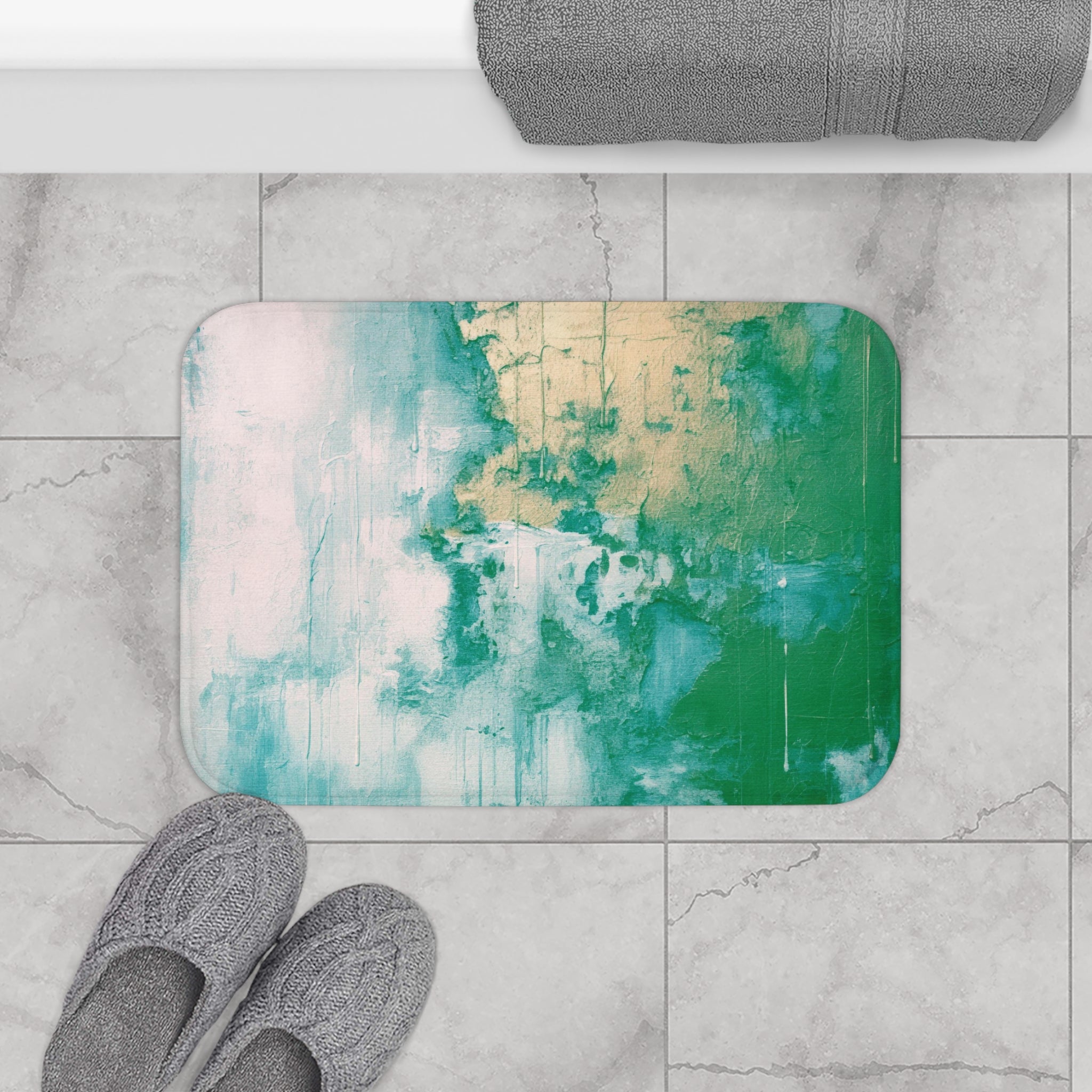 Boho Bath, Kitchen Mat | Modern Green Pink, Muted Gold Floor Rug