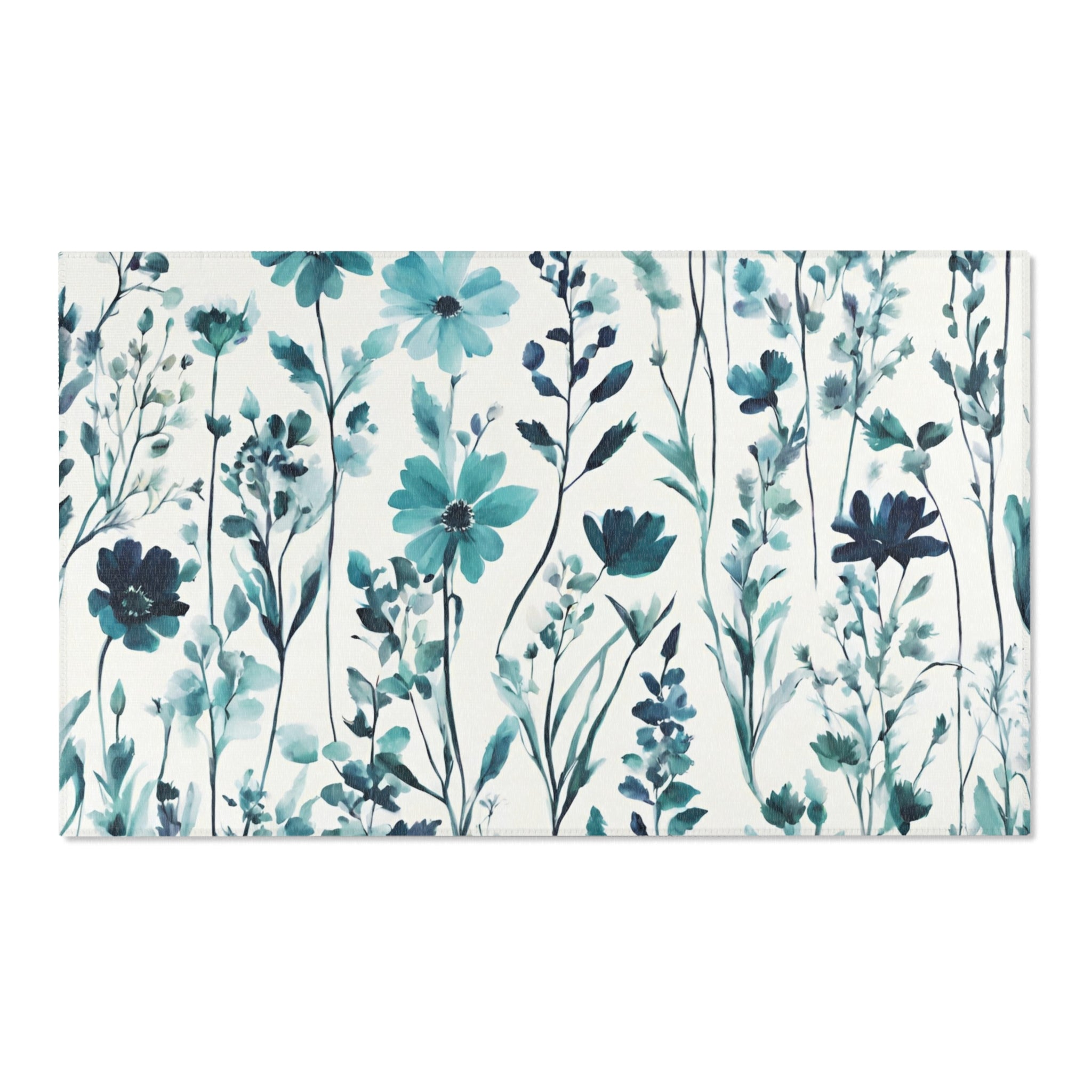 Floral Large Area Rug | Modern Rug, Teal Green, Blue Wildflowers