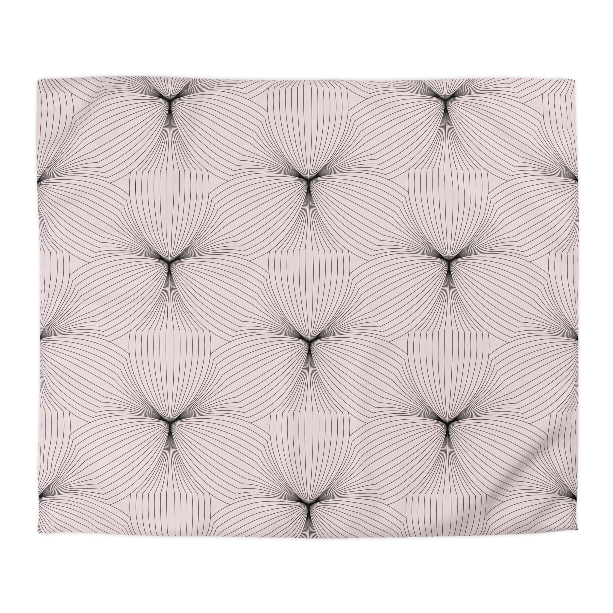 a repeating pattern of overlapping lines and shapes in shades of pink and white, creating a visually striking and abstract design.