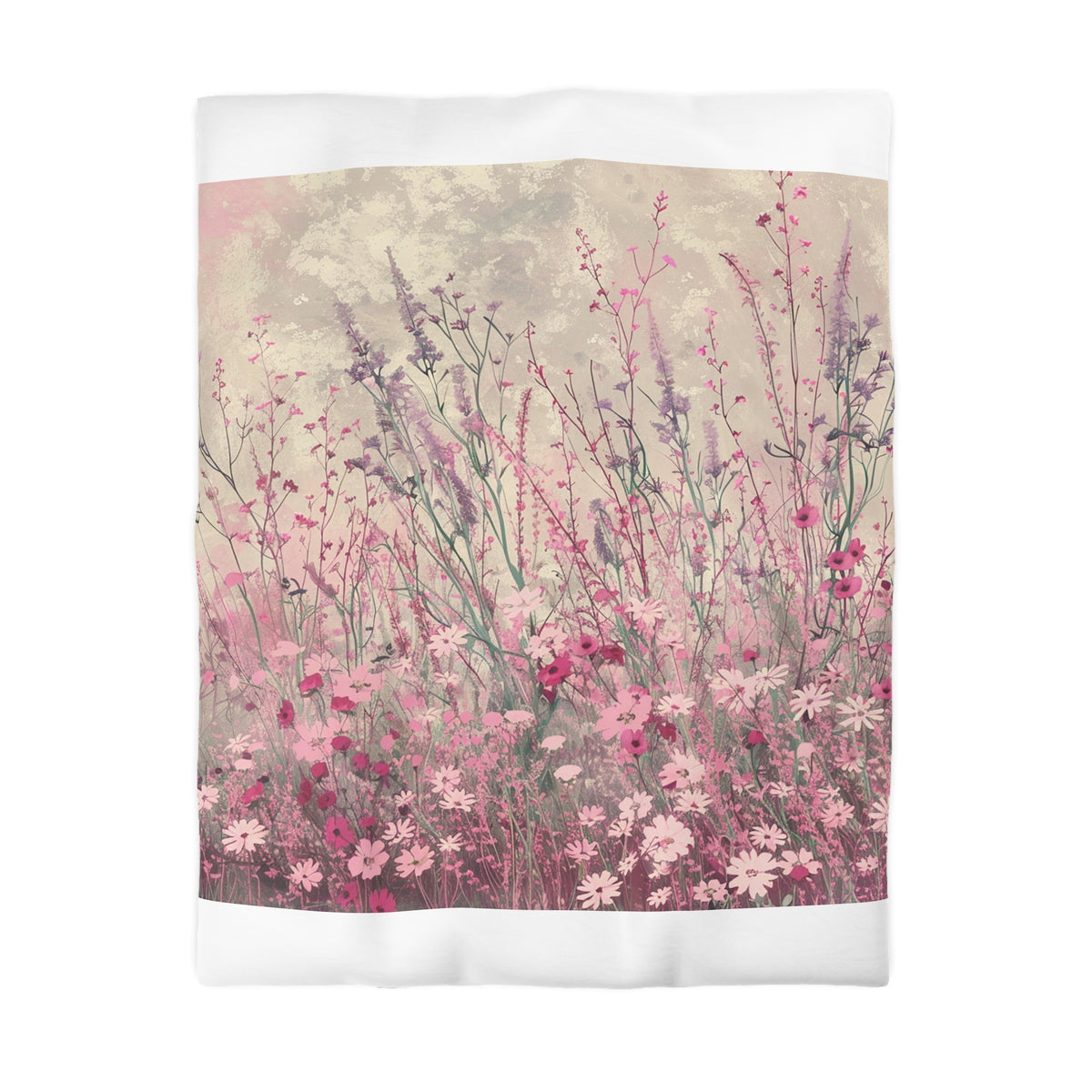 A field of tall grass with various pink and purple flowers, creating a vibrant and colorful scene.