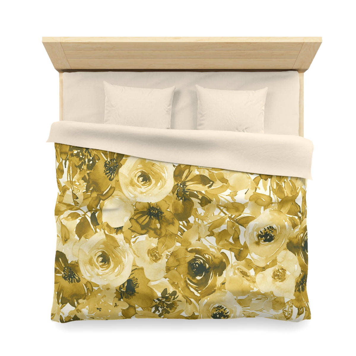 a bed with a floral print duvet cover and pillows.