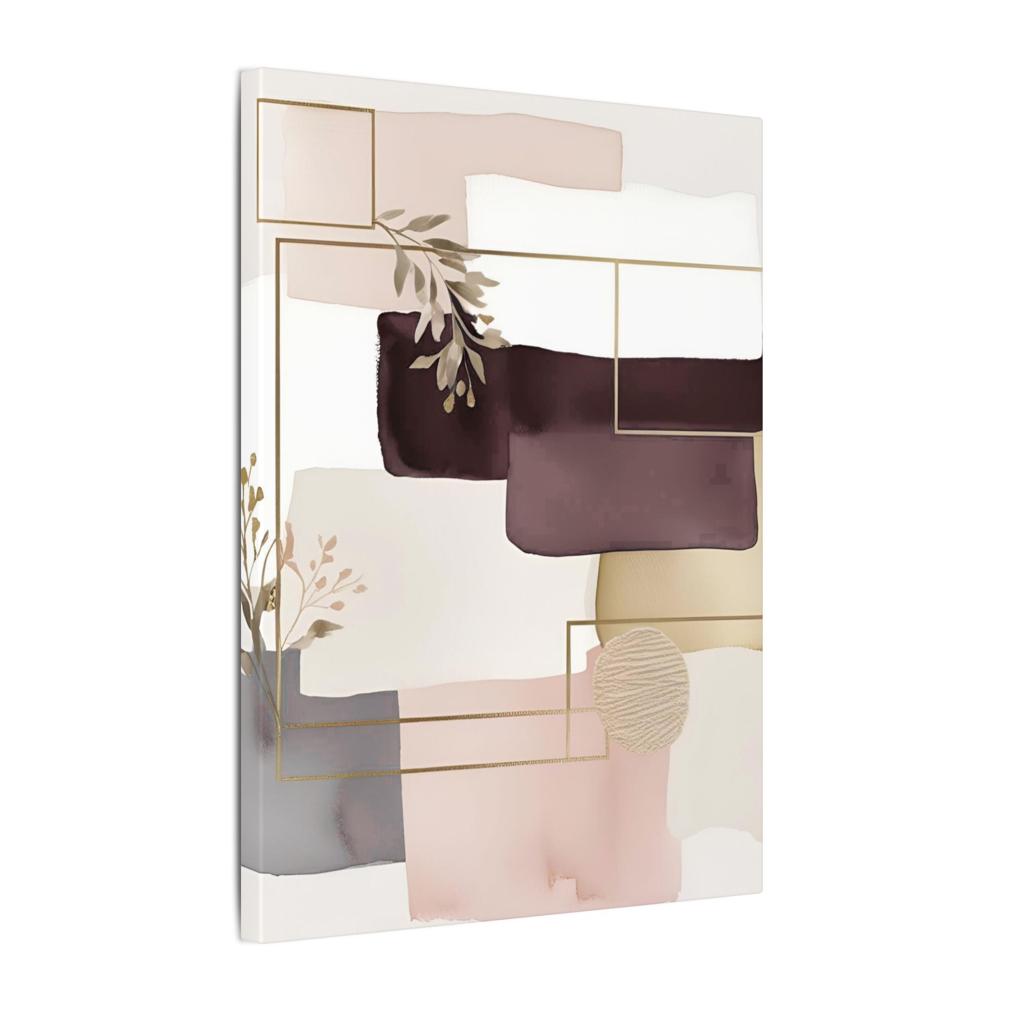 The image is a modern abstract art piece featuring a variety of shapes and colors, including shades of pink, white, and brown.