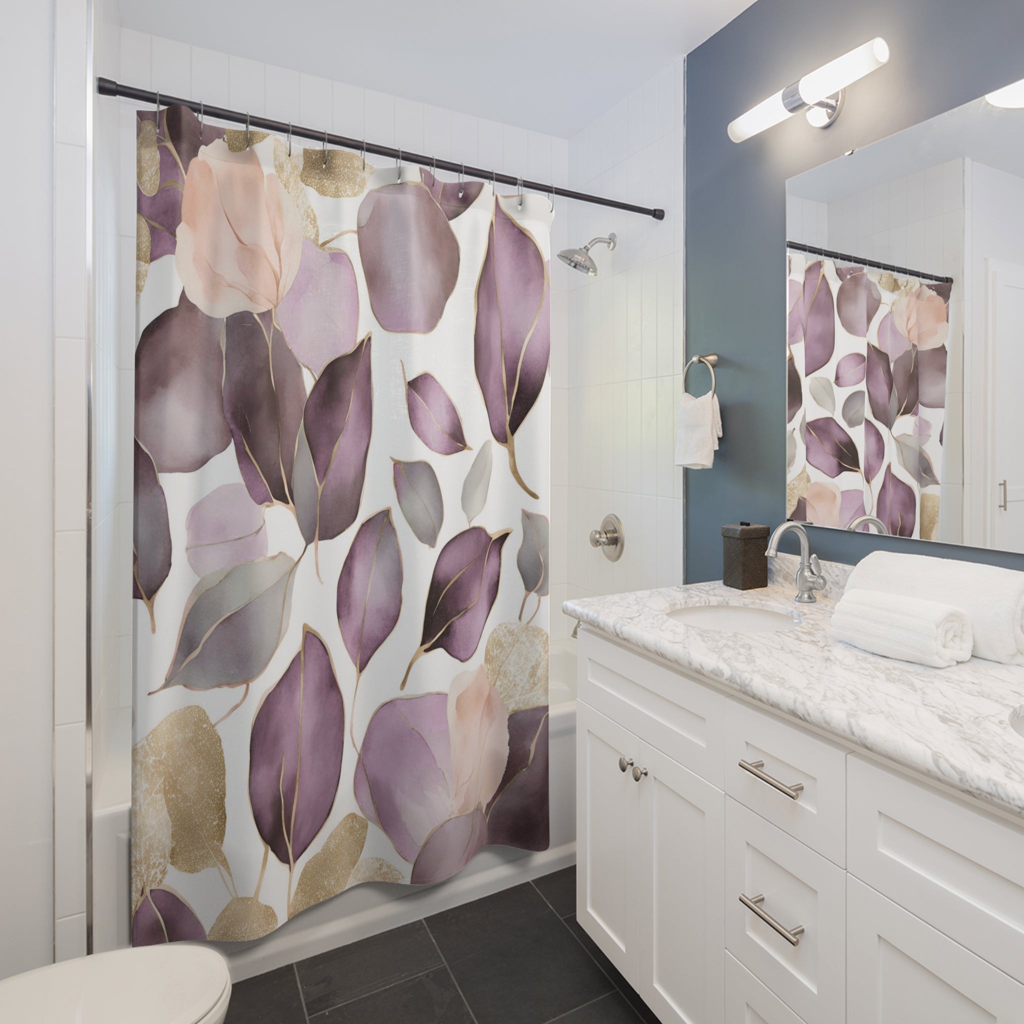 Abstract Shower Curtain | Floral Lavender Purple White Leaves