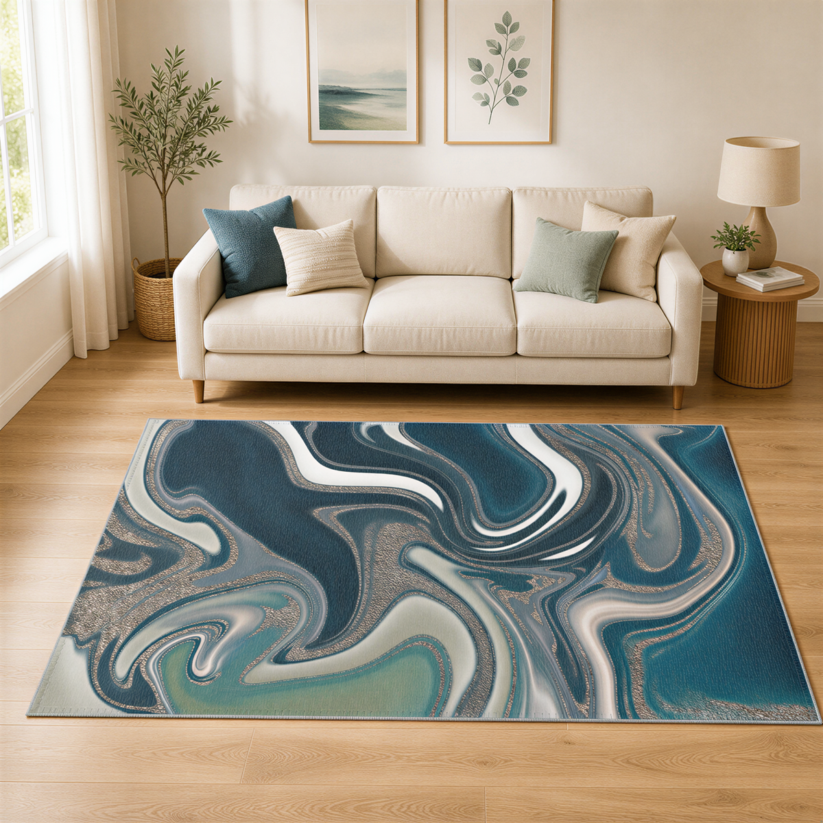 a living room with a white sofa, a large abstract rug with swirling patterns in shades of blue and gray, and a potted plant on a side table.