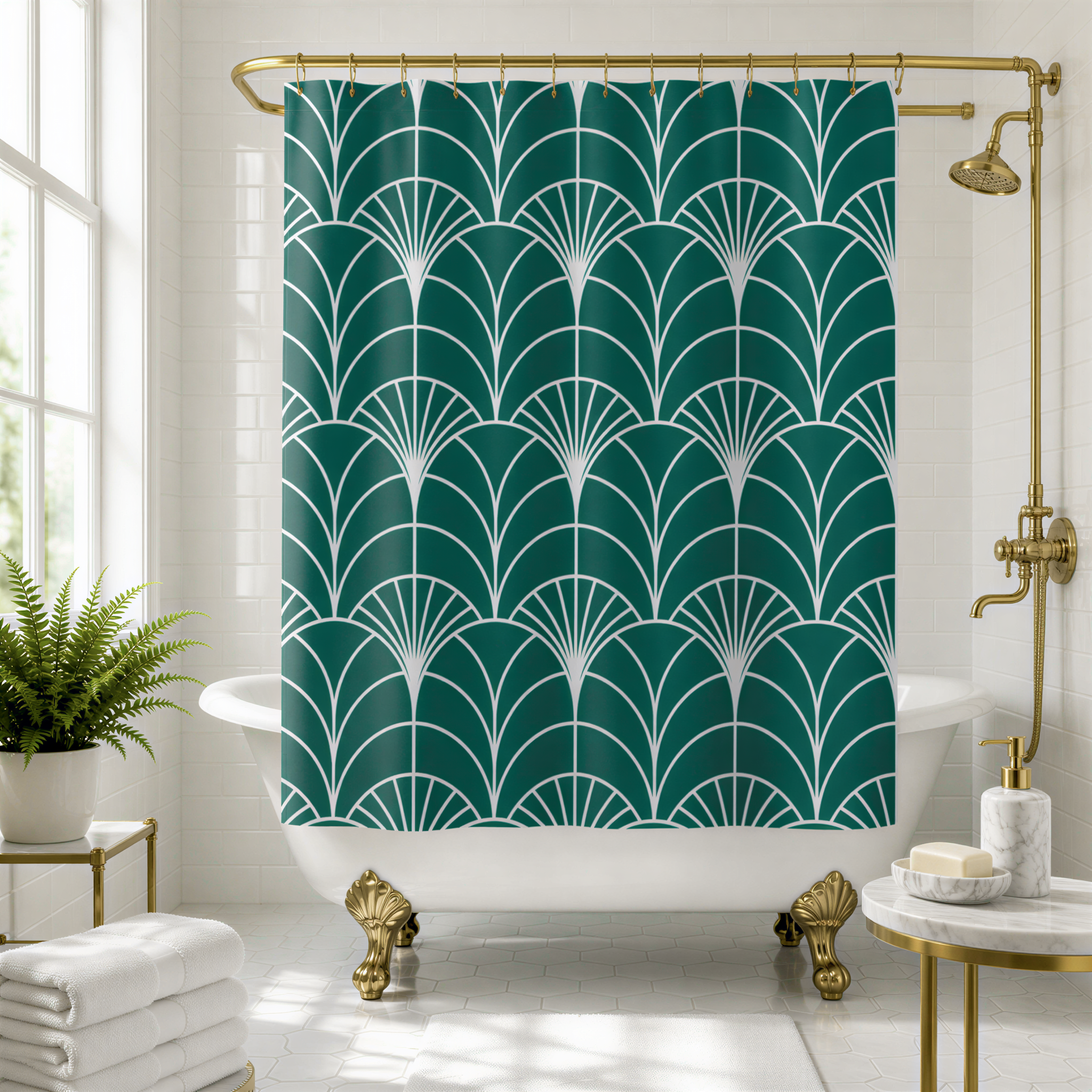 a bathroom with a white clawfoot bathtub, a green and white patterned shower curtain, and a marble table with a soap dispenser.