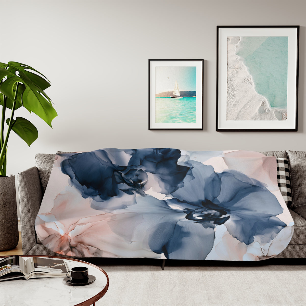 a living room with a couch covered in a blanket