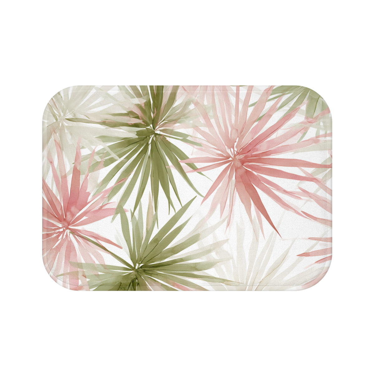 a rectangular shape with a repeating pattern of pink and green palm leaves against a white background.