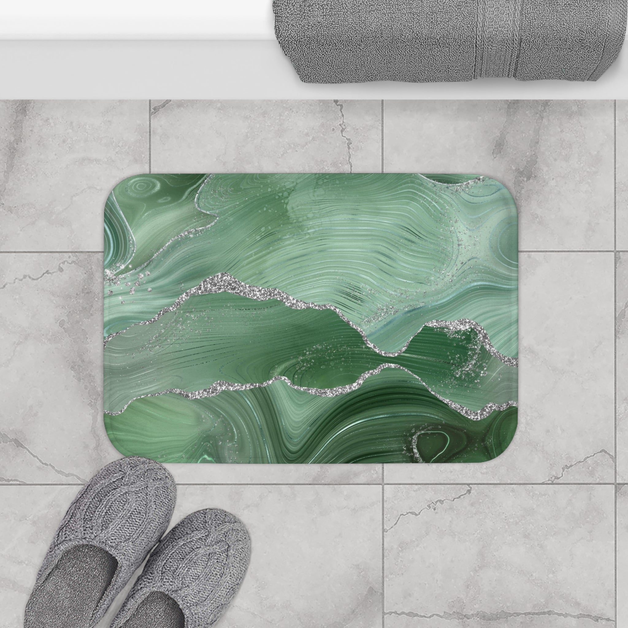 Abstract Bath, Kitchen Mat | Sage Green, Silver Marble Print