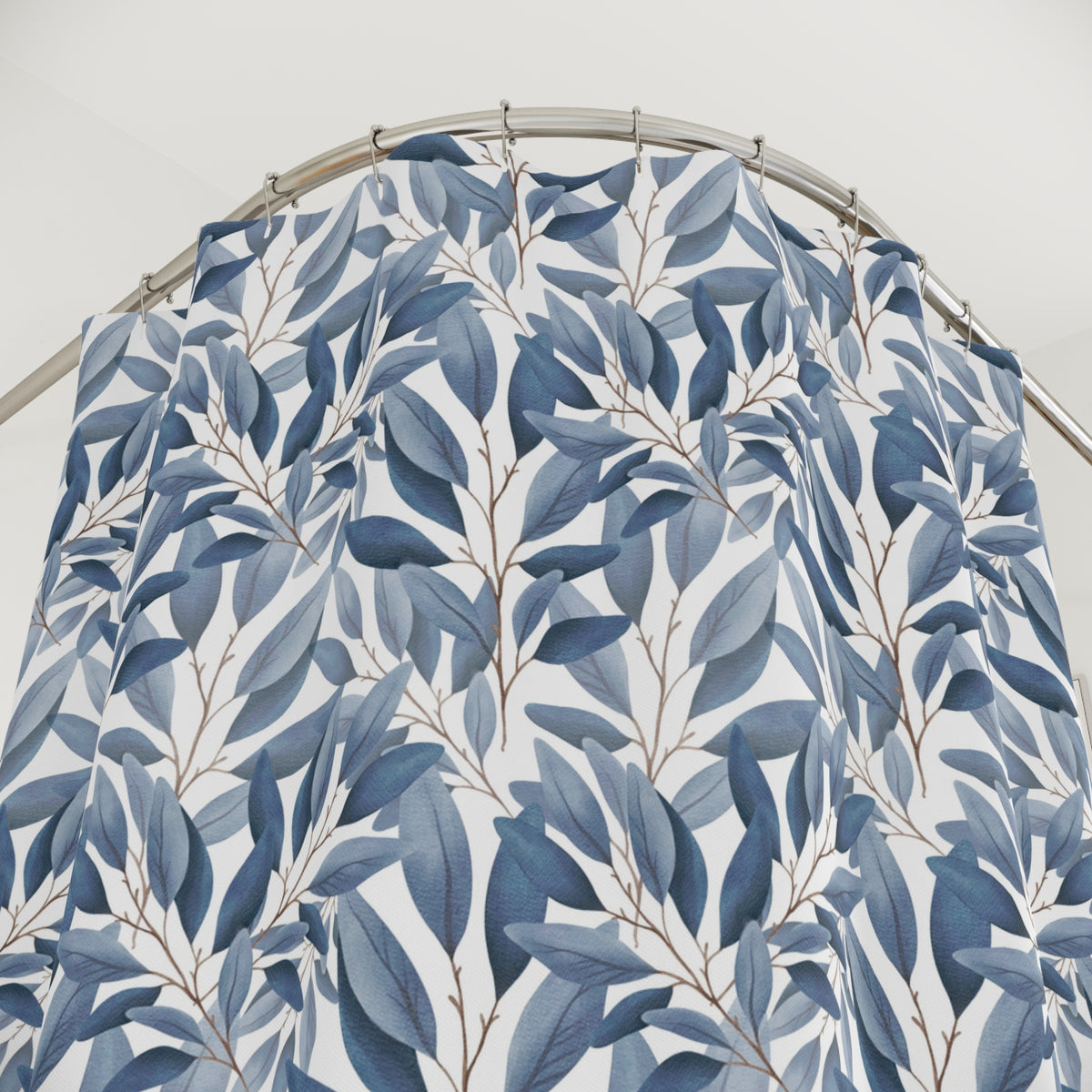 Dusty Blue Botanical Leaf Shower Curtain, Bath Curtain 71x74