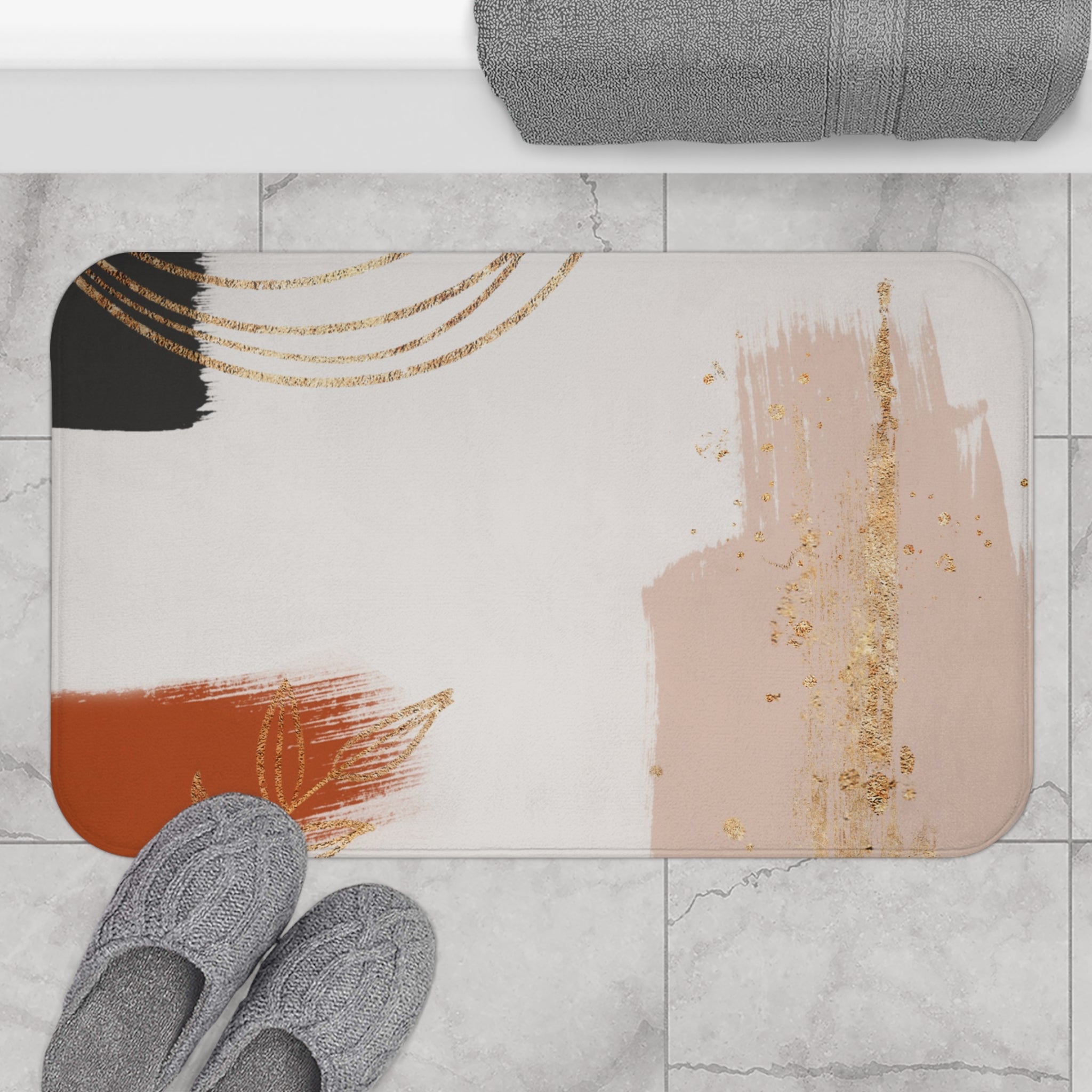 Boho Bath Mat | Mid Century Earthy, Beige Rust Kitchen Mat
