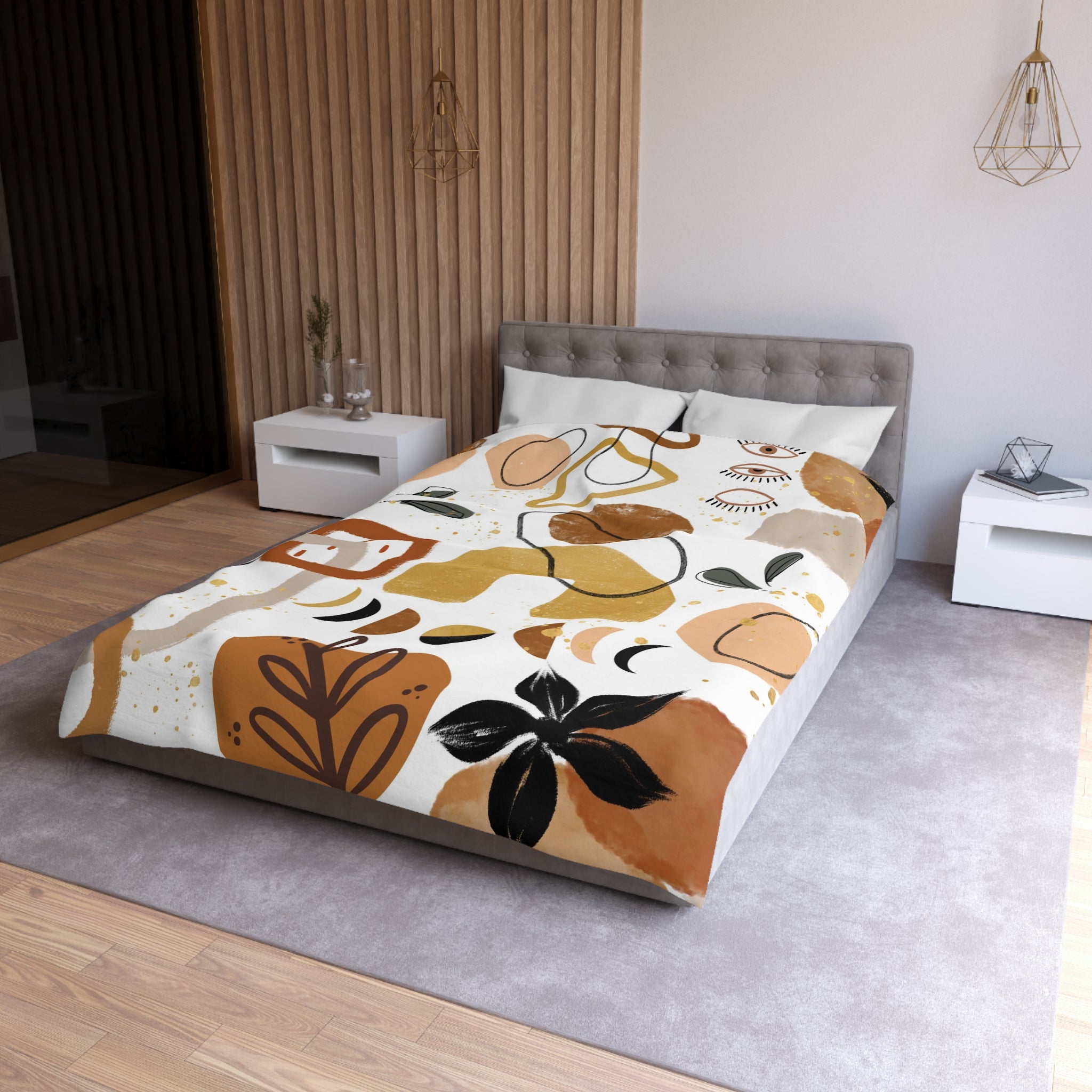 a modern bedroom with a large bed covered in a colorful abstract patterned bedspread. The room has a neutral color scheme with a gray headboard and white nightstands. There is a wooden panel on the wall and a pendant light hanging above the bed.