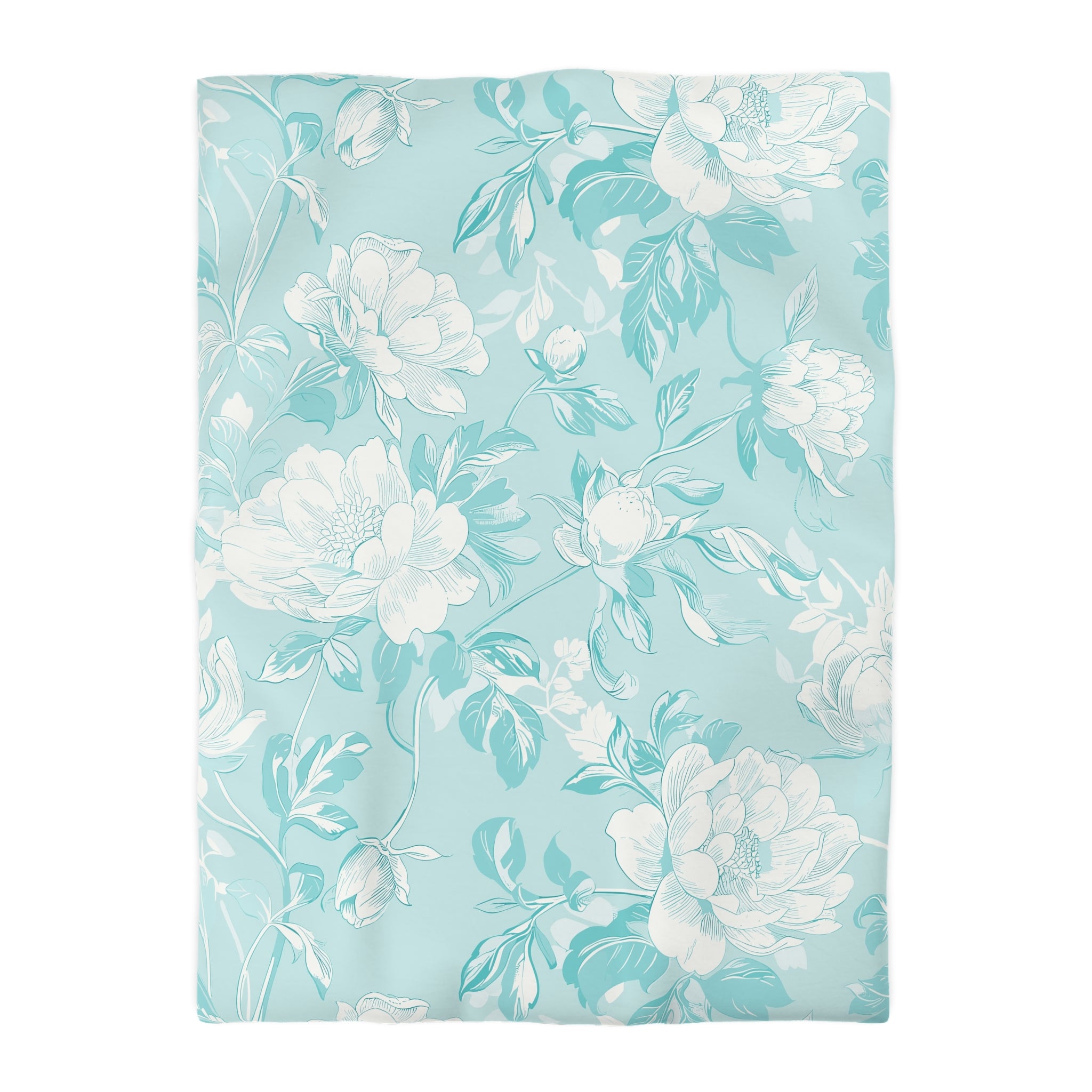 a repeating pattern of white flowers and leaves on a light blue background.