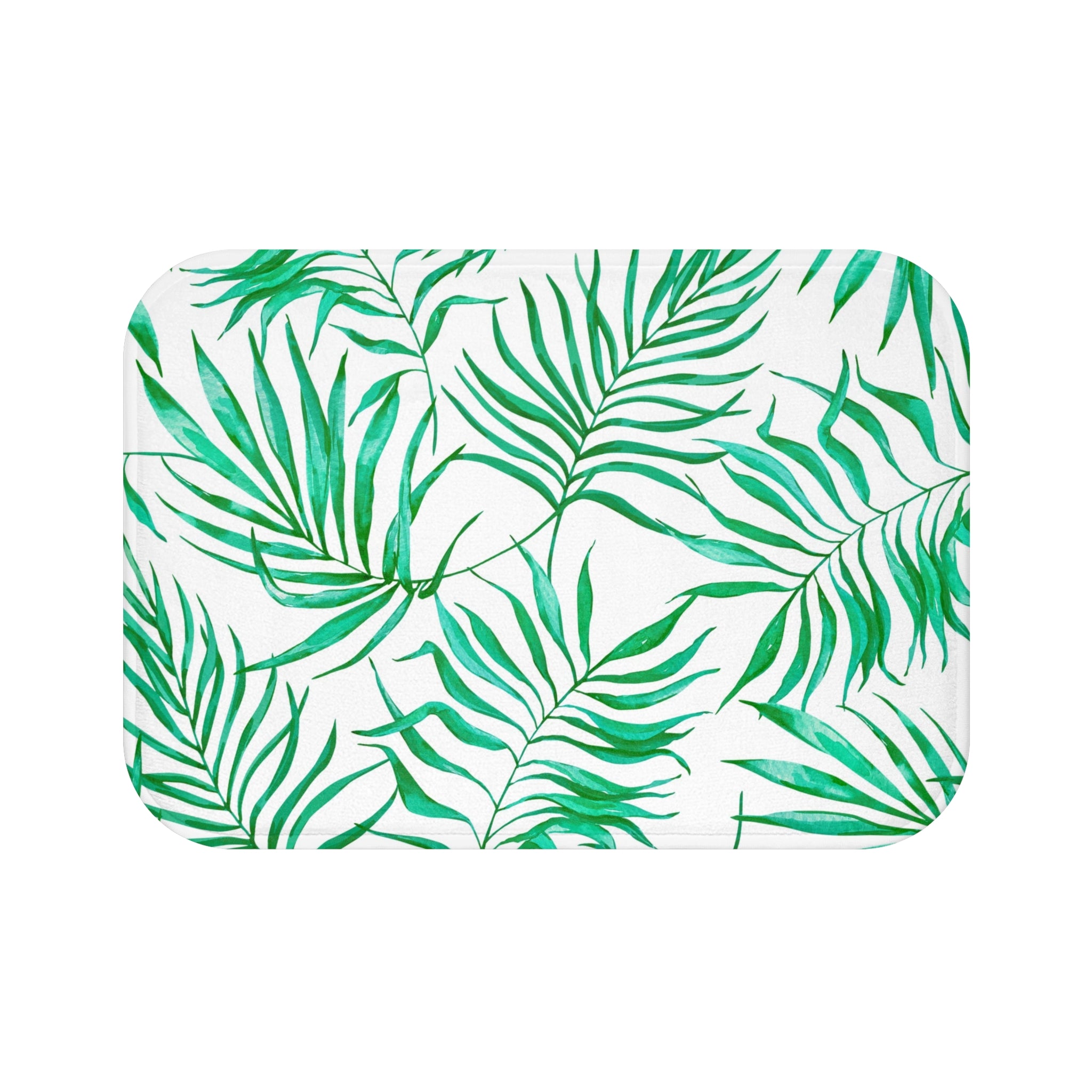 Floral Bath, Kitchen Mat | Tropical Green Palm Leaves, White