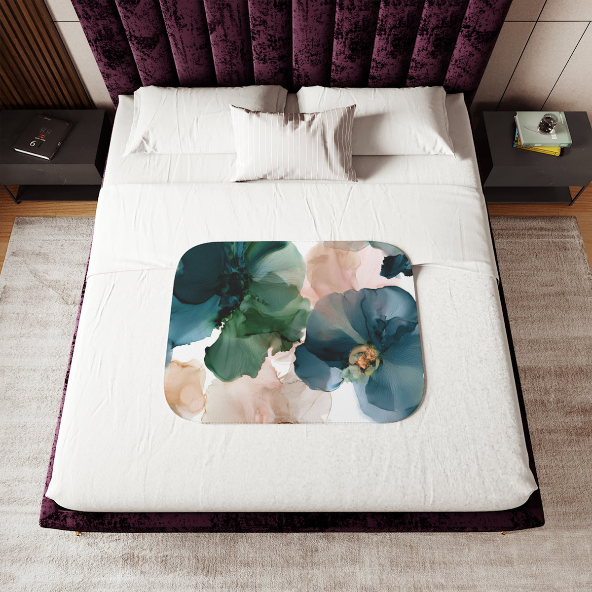 a bed with a purple headboard and white sheets