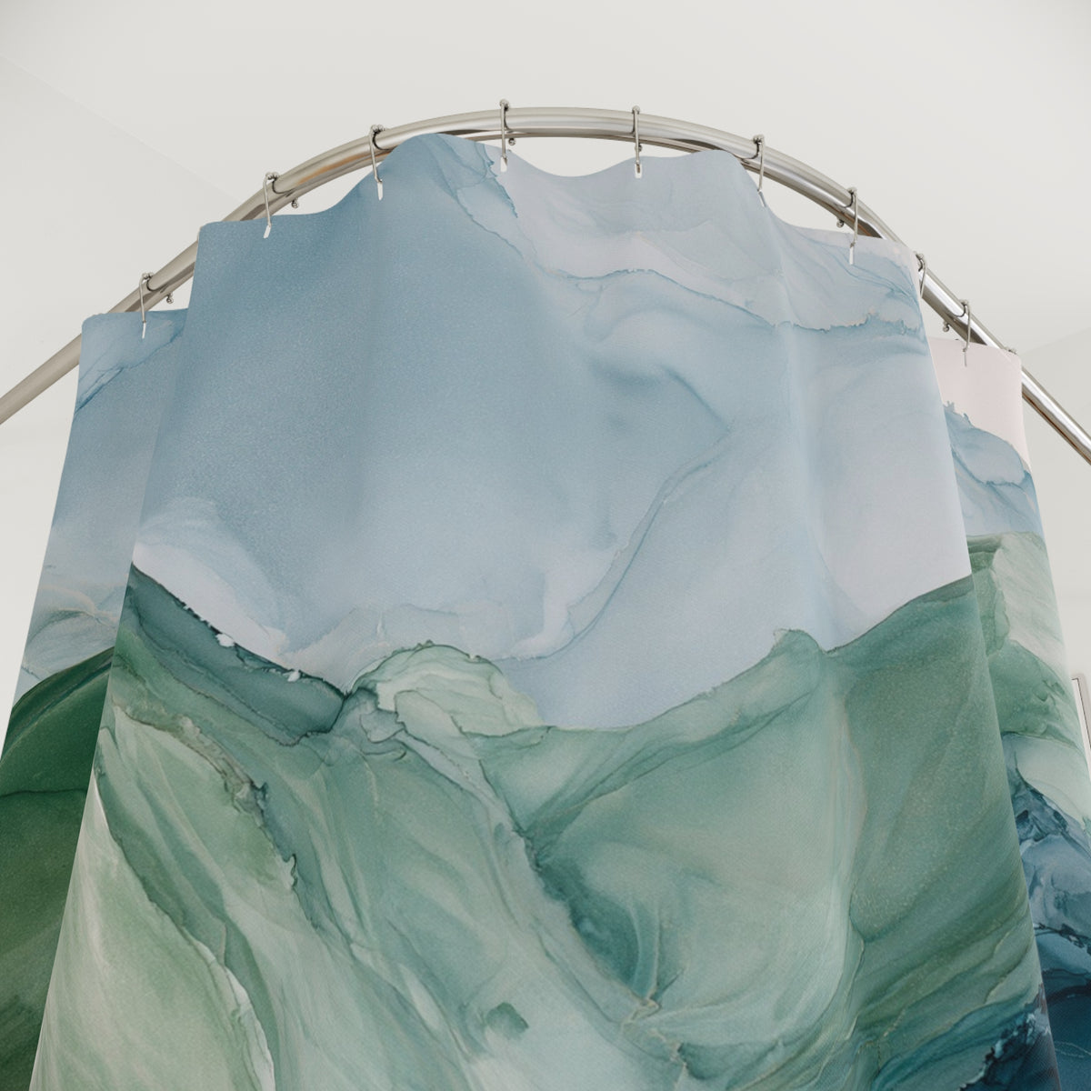 a large, abstract, and colorful abstract painting or mural hanging on a wall. The painting has a mix of green, blue, and white colors, creating a vibrant and dynamic visual effect. The artwork appears to be a large, eye-catching piece that adds a unique and artistic touch to the space.