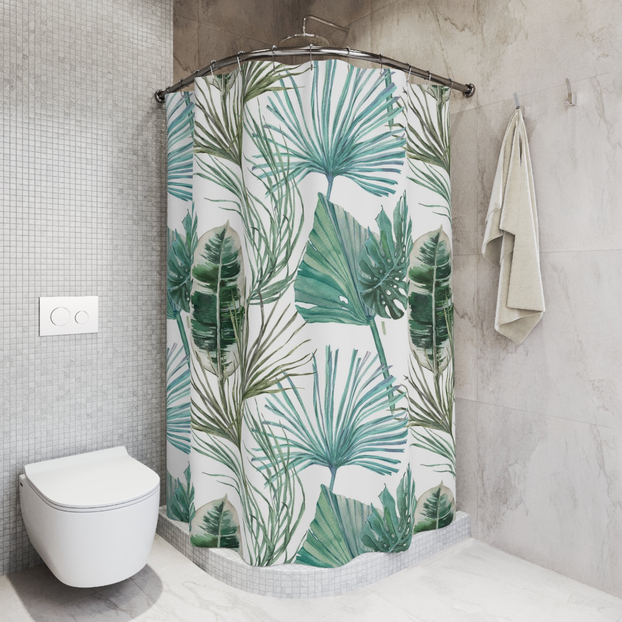 Boho Floral Shower Curtain | White Sage, Teal Green Jungle Leaves