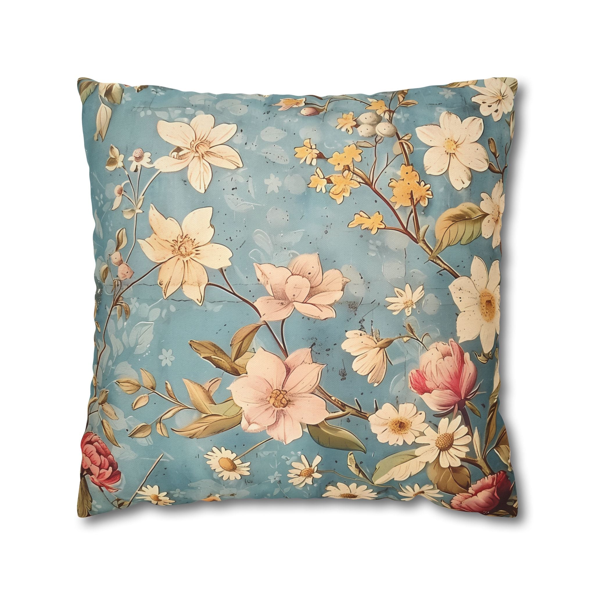 Vintage Floral Pillow Cover | Blue Ivory Pink Colorful Botanical