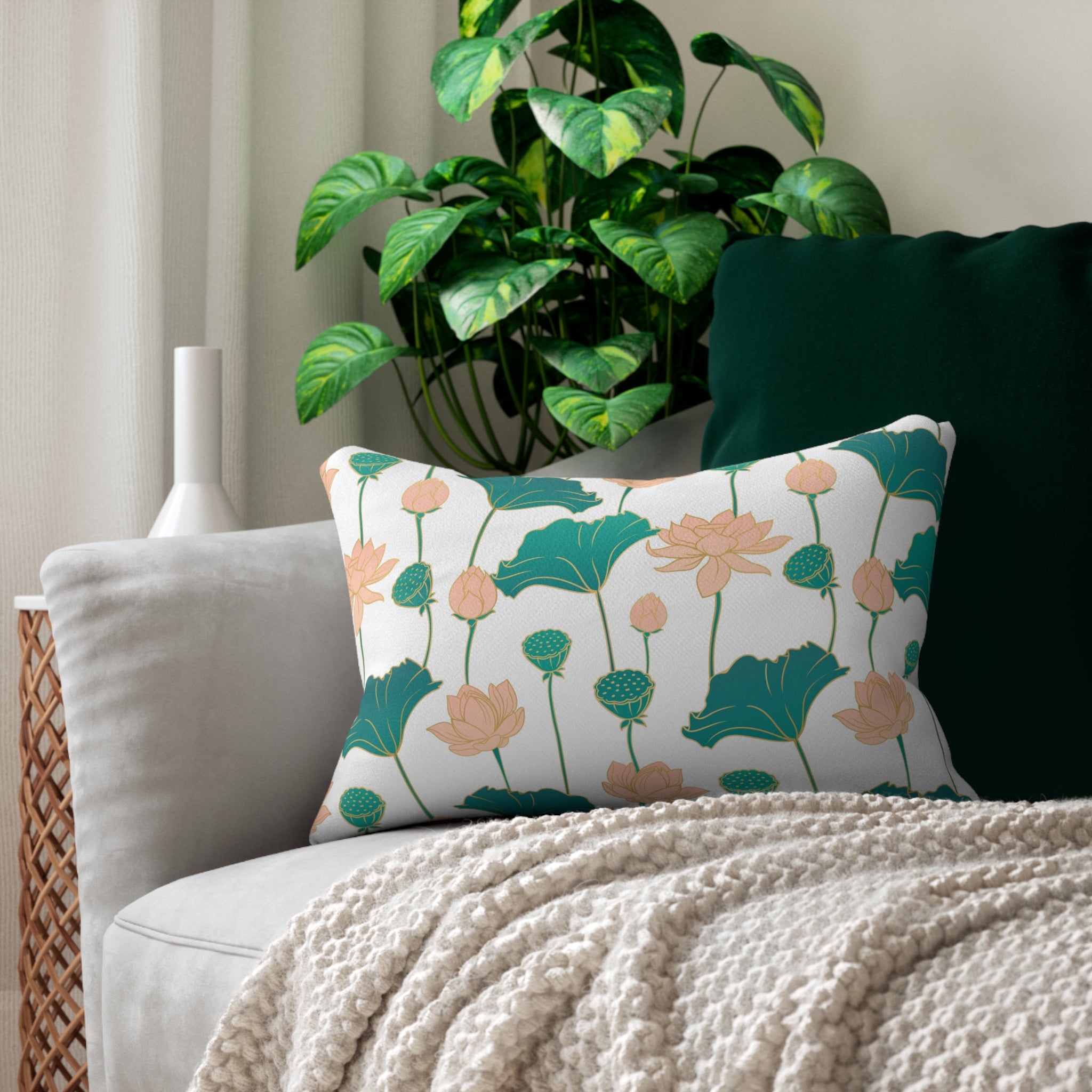 Lotus Lumbar Pillow | White Blush, Teal Green Floral