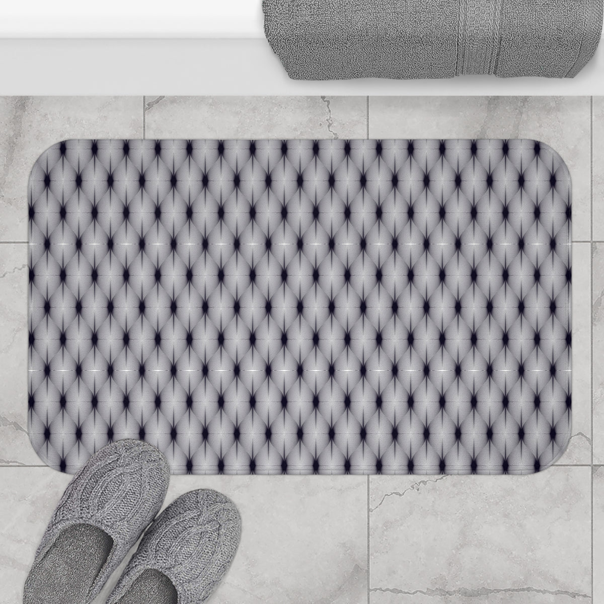 Navy White Deco Linework Bath Mat, Op Art Bathroom Rug