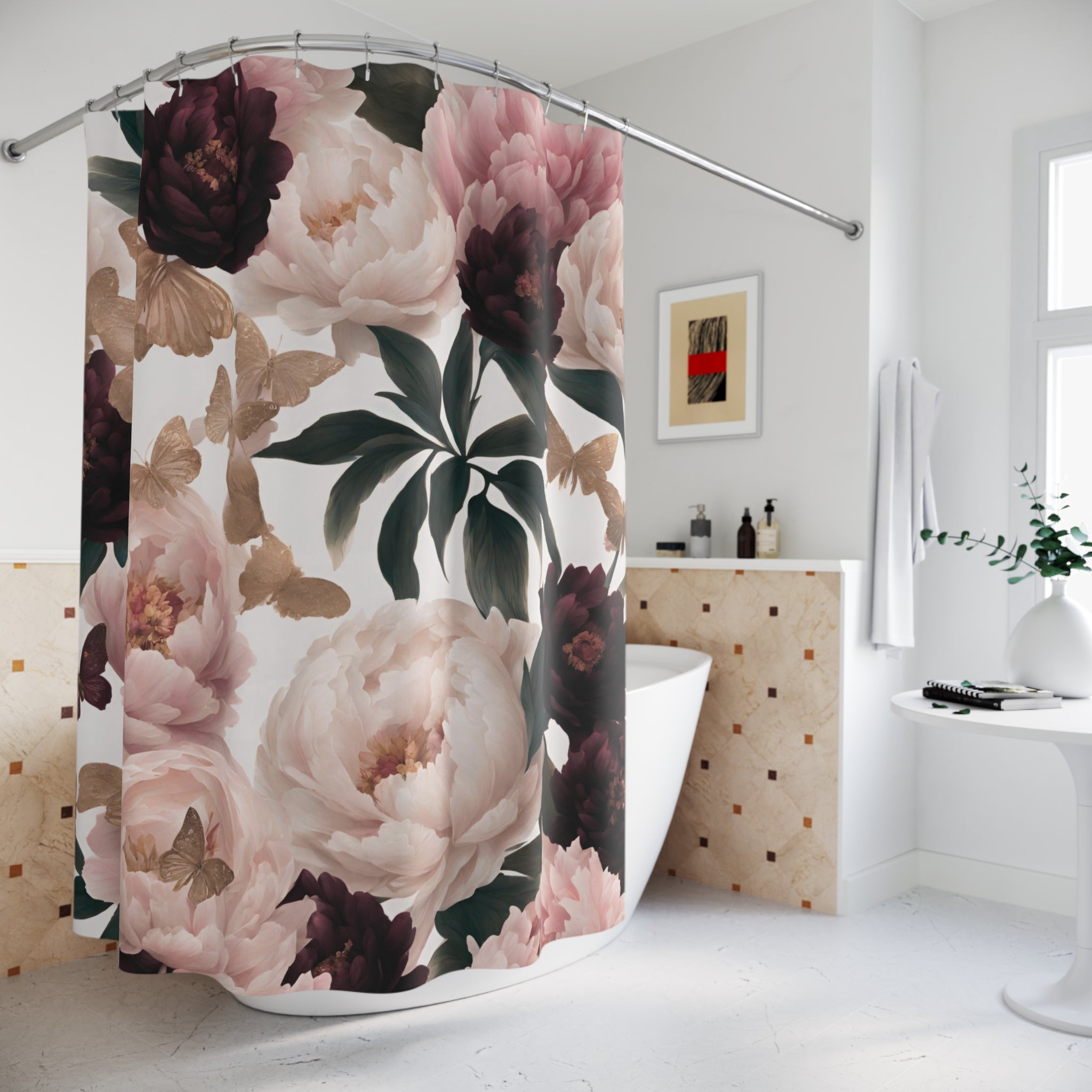 Floral Shower Curtain | Burgundy Blush Pink, Beige Butterflies