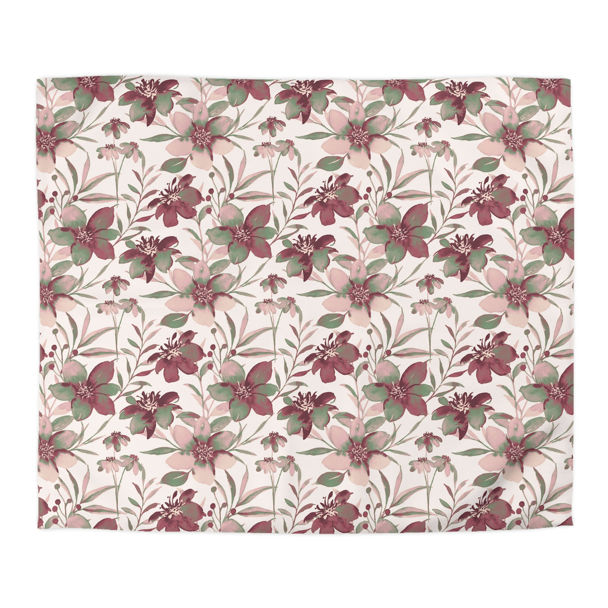 a repeating floral pattern with red and green flowers and leaves on a white background.