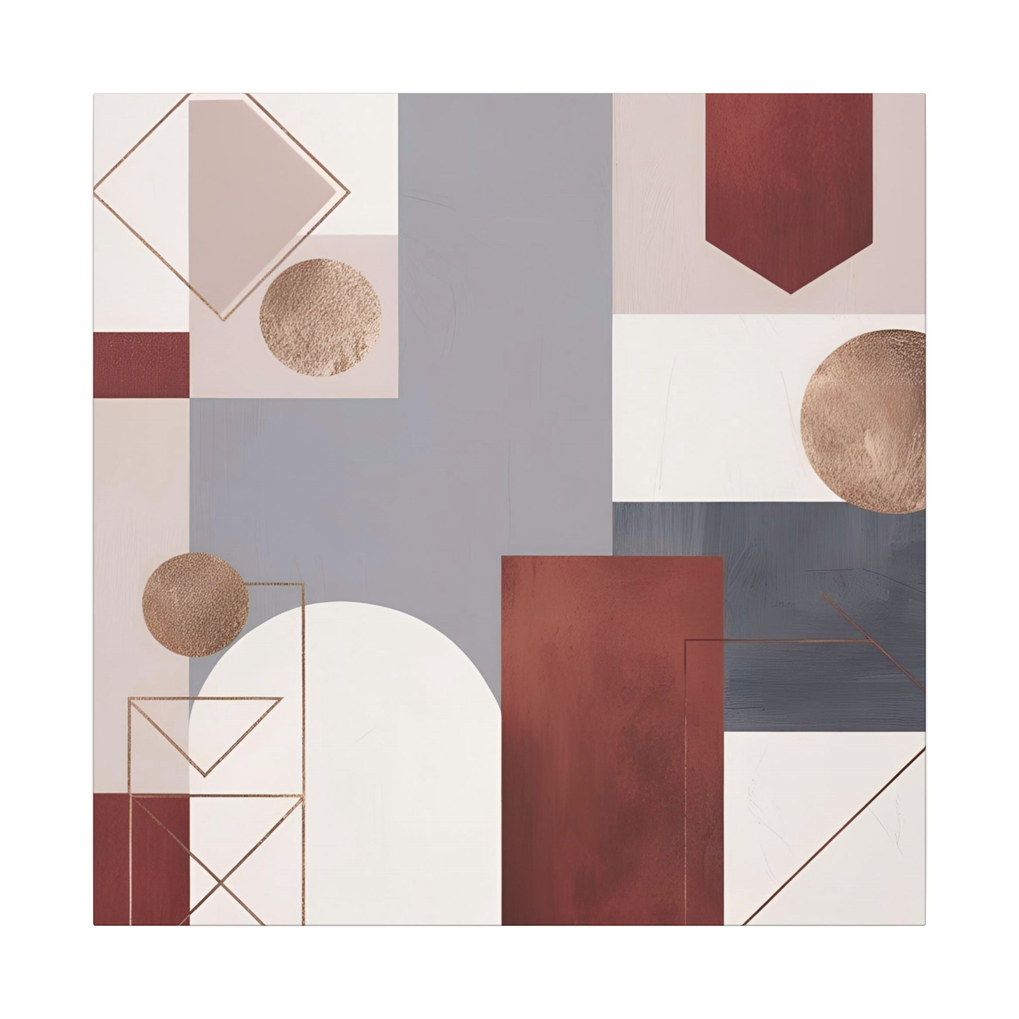 The image is a modern abstract art piece featuring a variety of geometric shapes and patterns in shades of red, white, and gray.