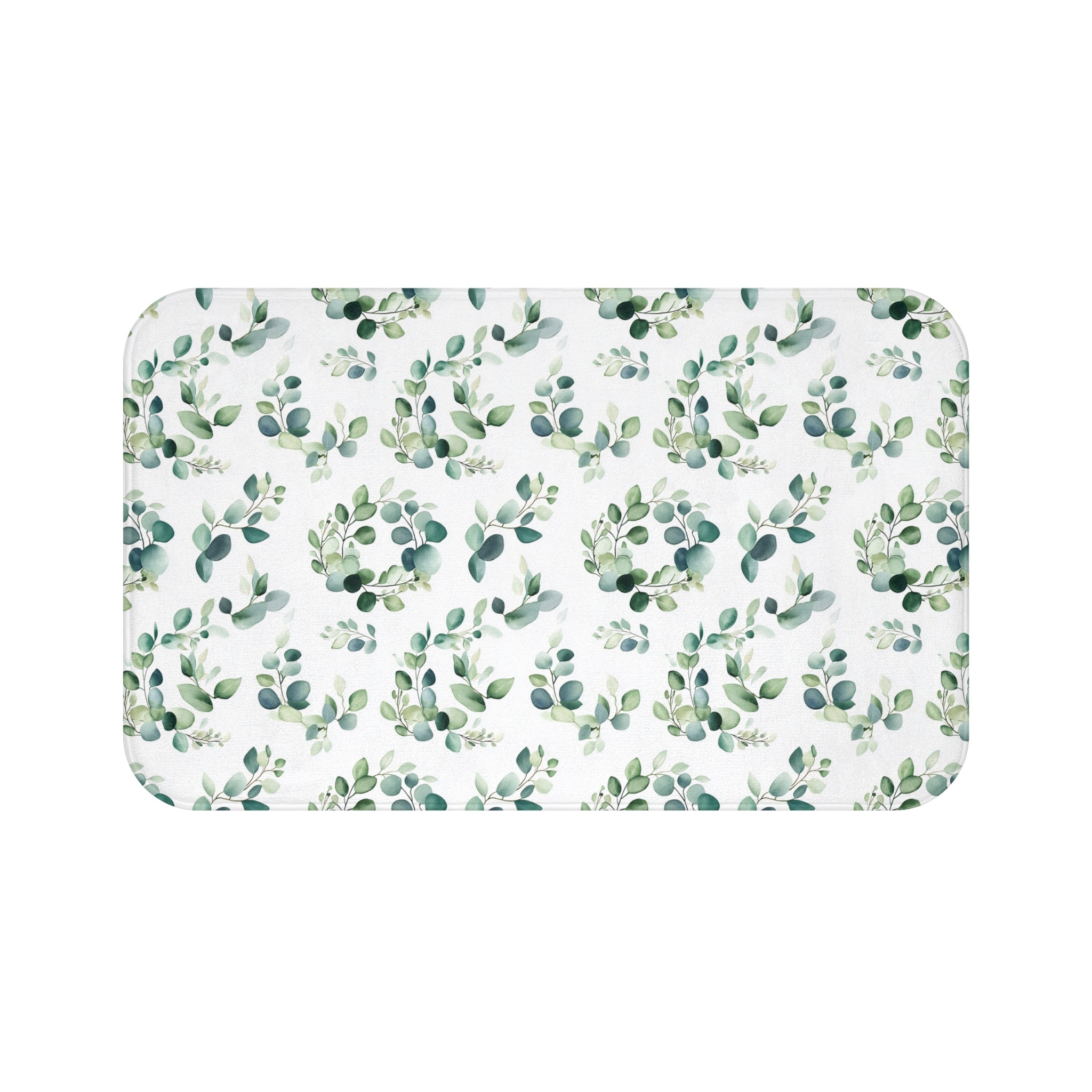 Tropical Leaves Bath Mat | Sage Teal Green White Eucalyptus Nature Kitchen Mat