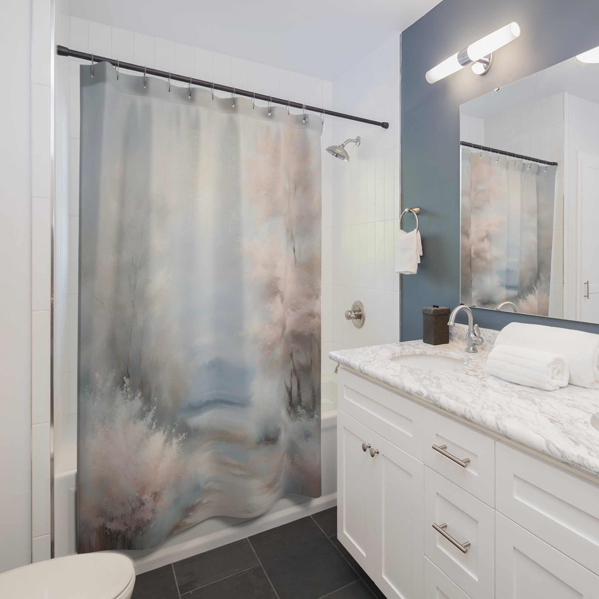 Boho Abstract Shower Curtain | Pastel Blue, Blush Pink Nature