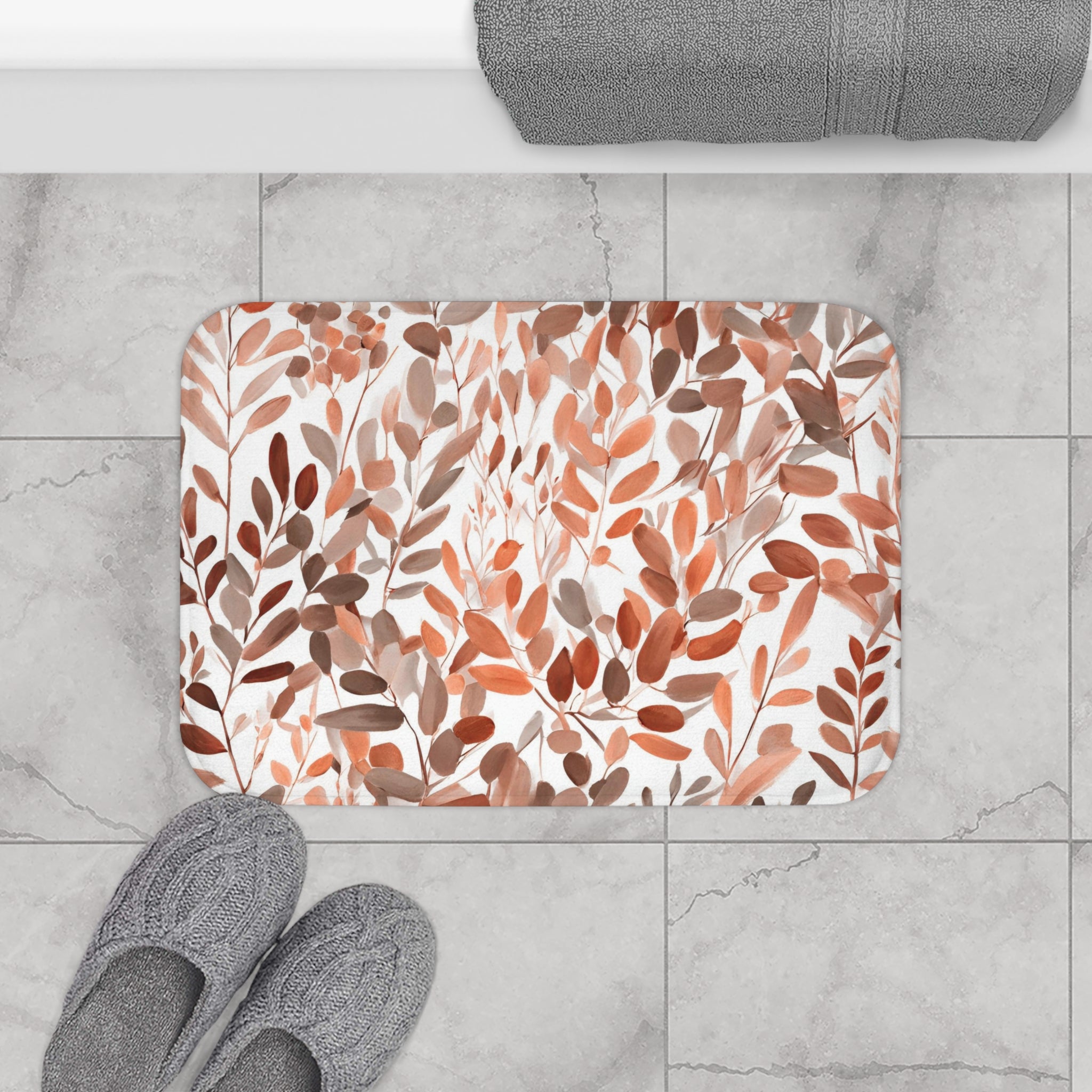 Boho Abstract Leaves Bath Mat | Taupe Orange, White Kitchen Mat