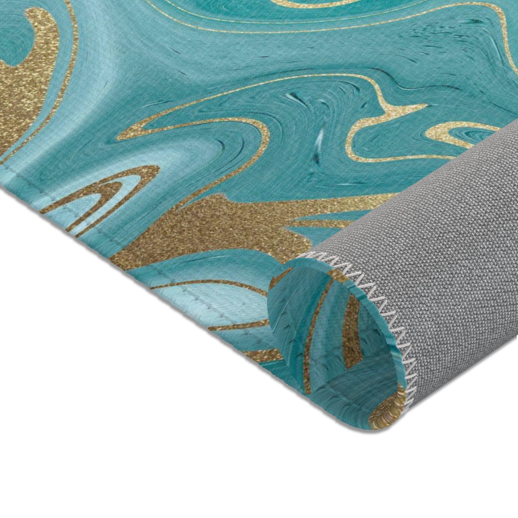 Abstract Large Area Rug | Teal Green Blue, Gold Beige Liquid Ink