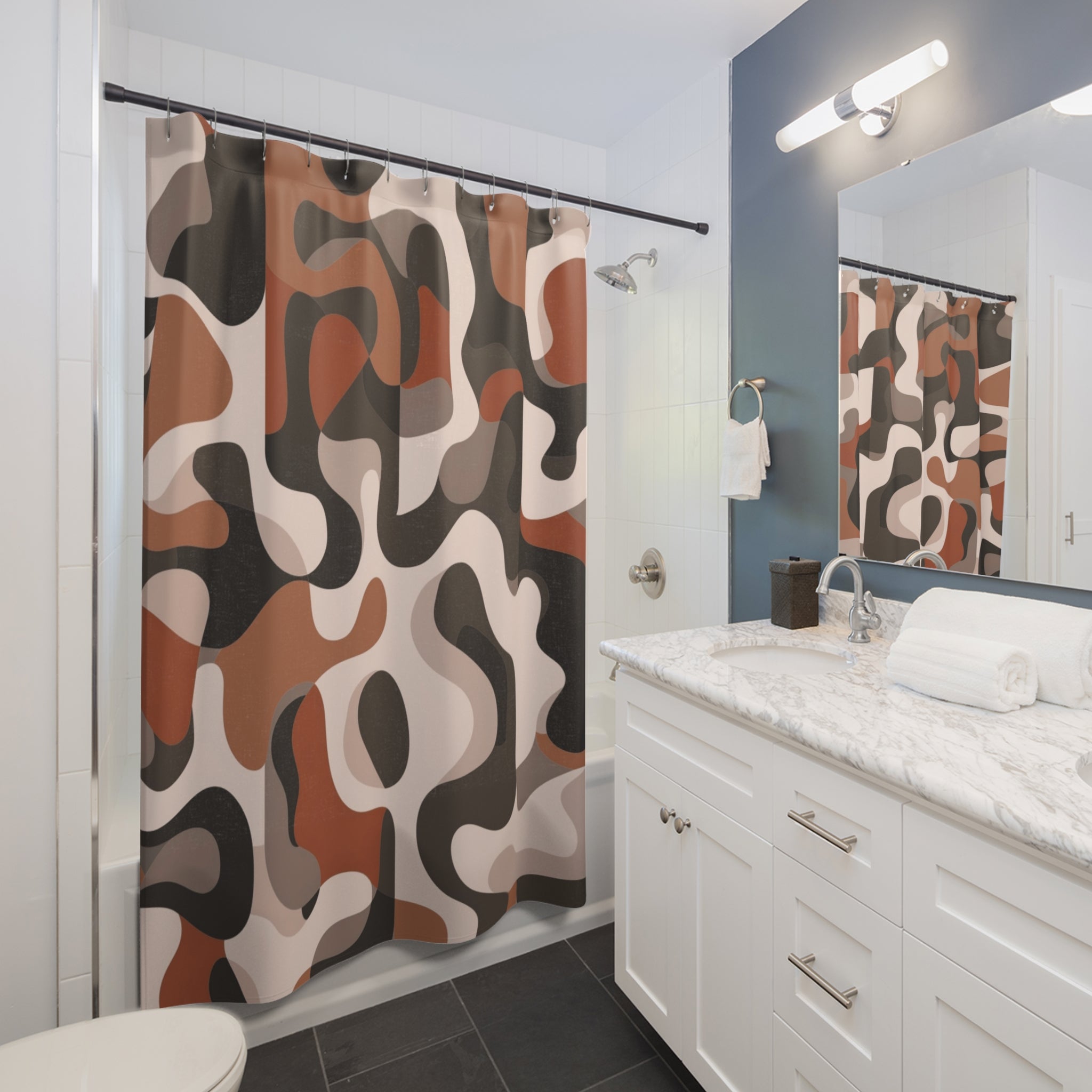 Abstract Shower Curtain | Camouflage Blush Black, Rust Taupe