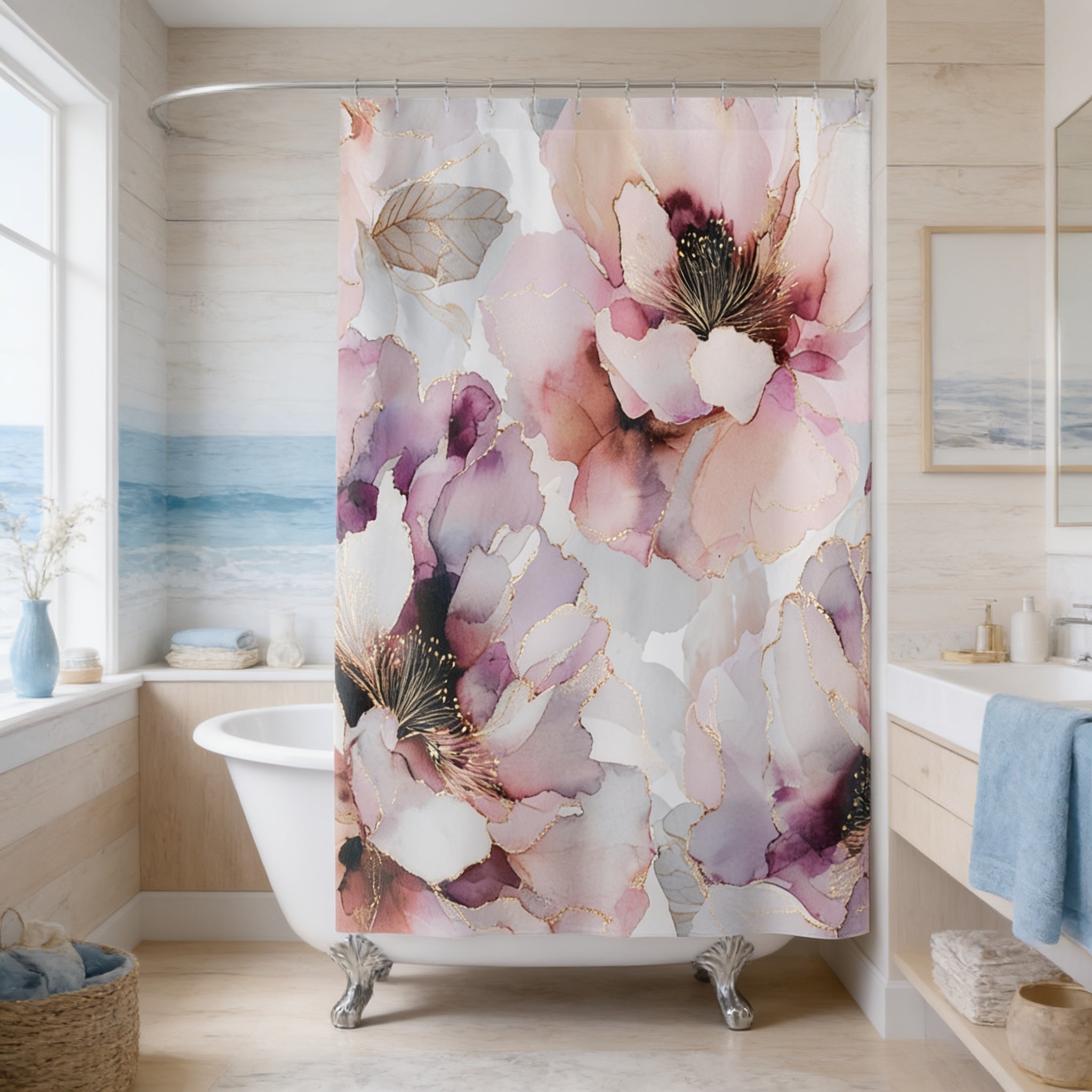 a bathroom with a white clawfoot bathtub, a shower curtain with a floral pattern in shades of pink and purple, and a window overlooking the ocean.
